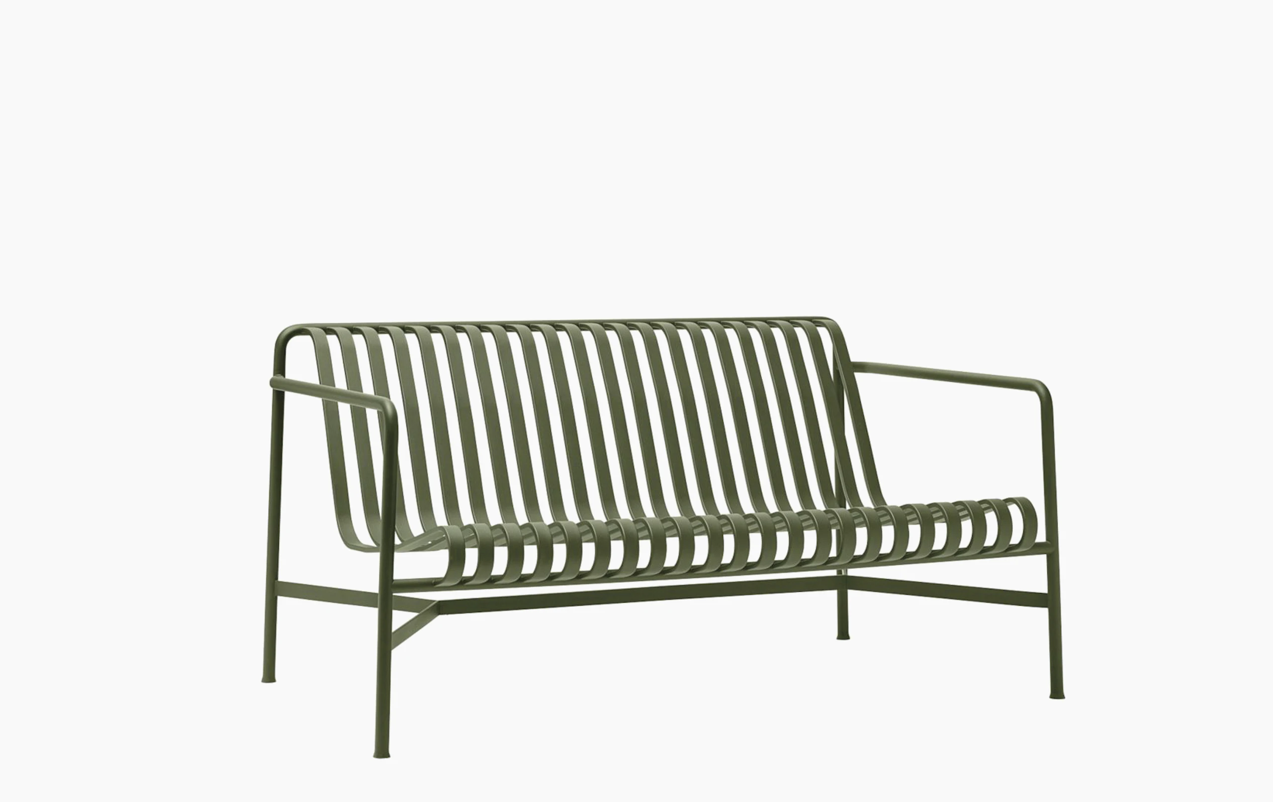 A three quarter view of a Palissade Lounge Sofa in olive green.