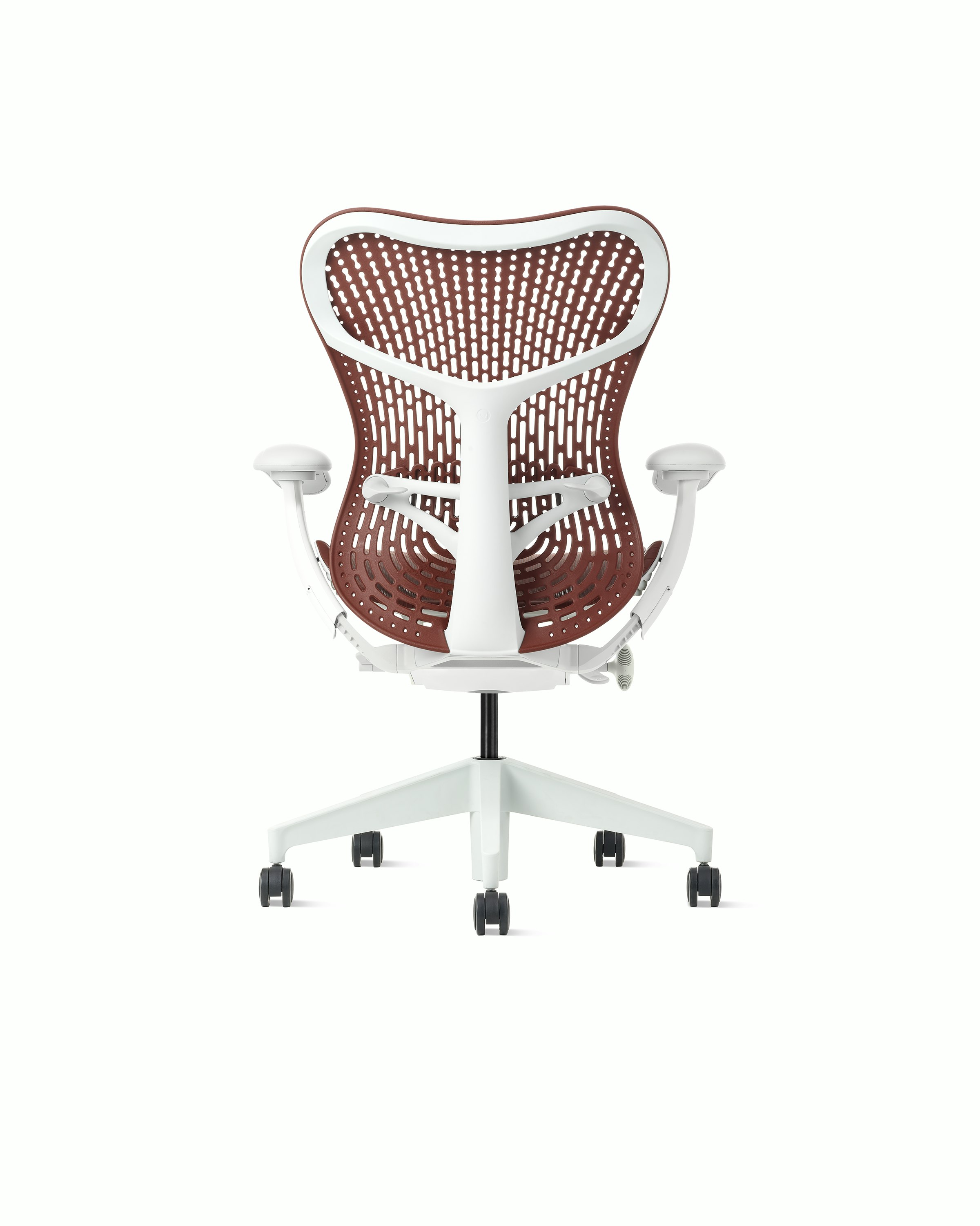Rear view of a Mirra 2 chair with Trflex back in cordovan and an alpine frame