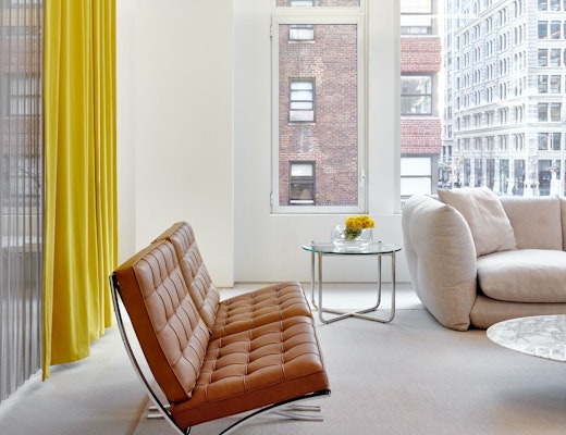 Knoll NYC Showroom with Barcelona Chairs Knoll NYC Showroom Barcelona Chairs Pillo Sofa MR Table