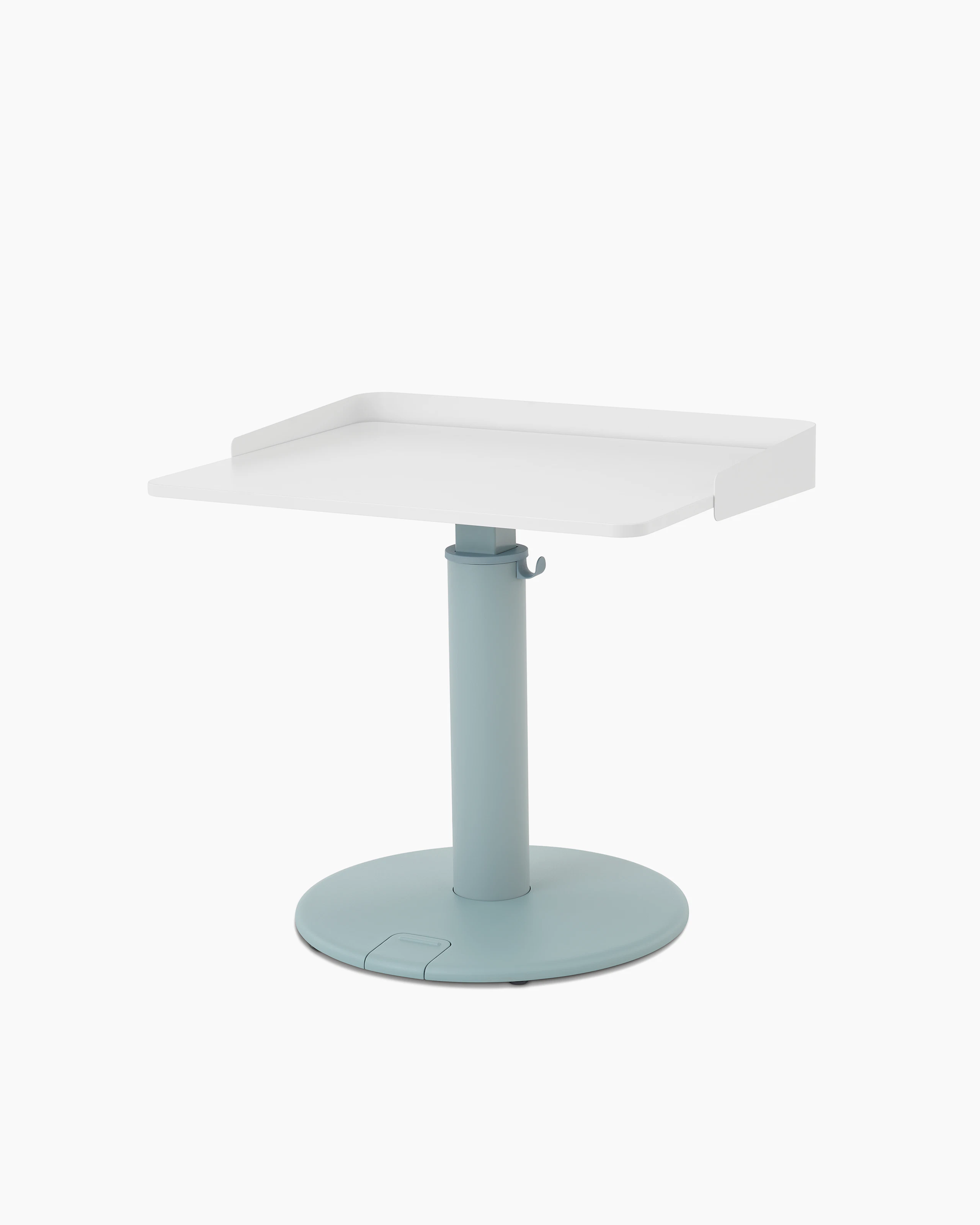 OE1 Sit-to-Stand Table with light blue base and white rectangular surface, viewed from a front angle.