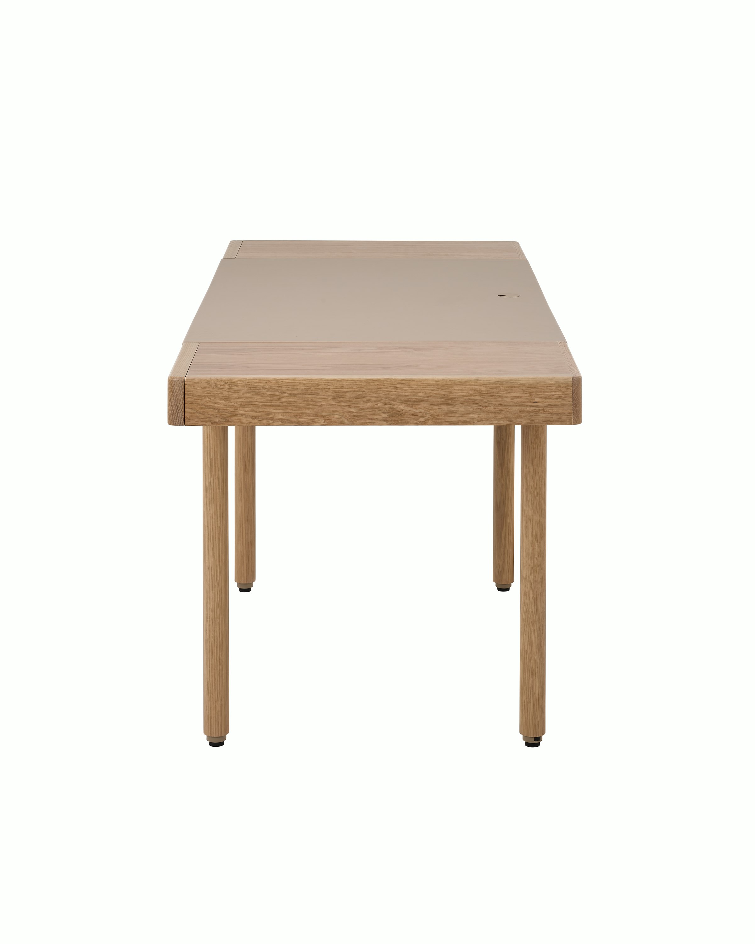 New Canaan Leatherwrap Sit-to-Stand Desk in Oak and Champagne Leather, two drawers, side view.