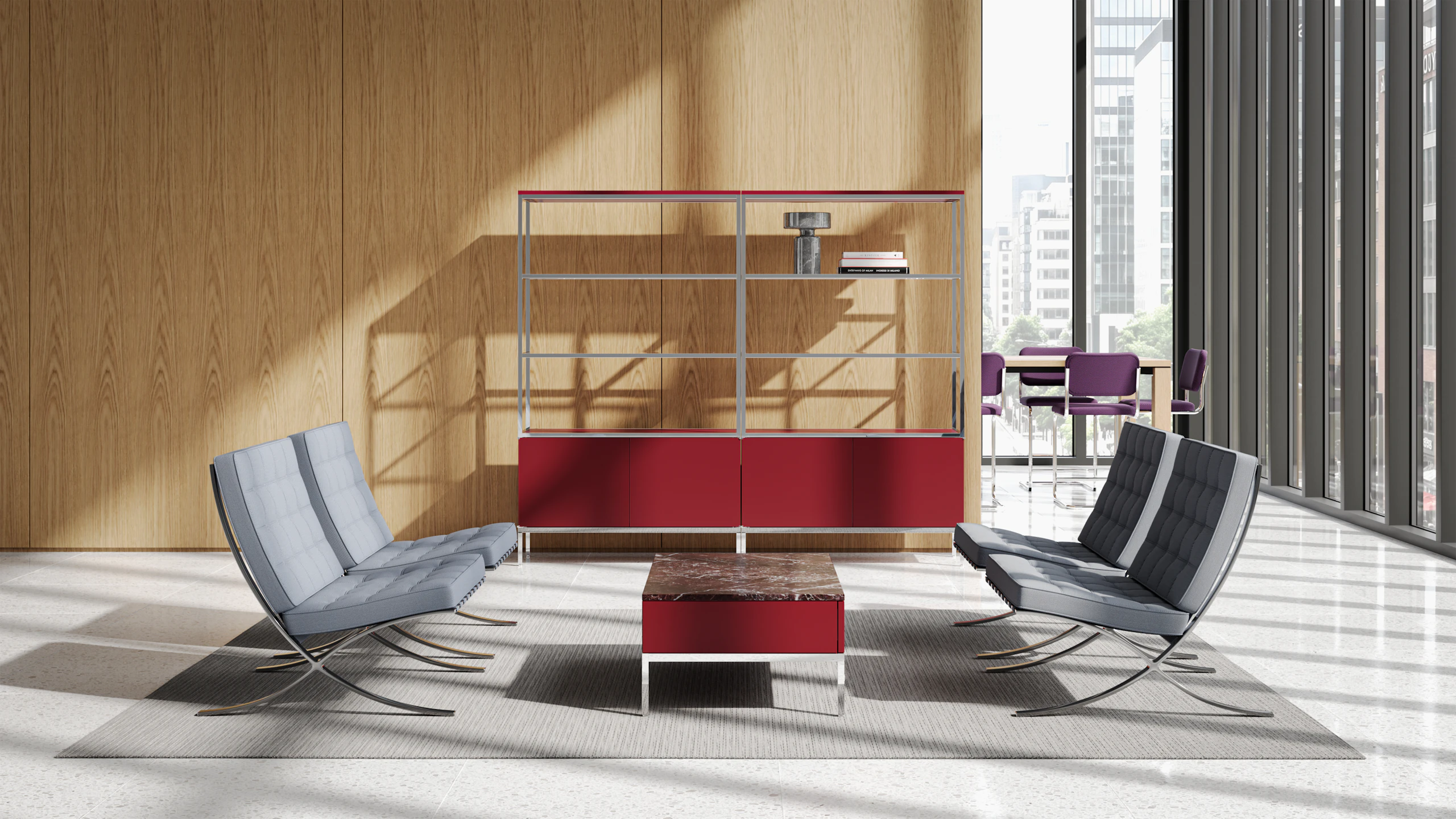 Red Knoll Chermayeff Bookcases and Coffee Table with four gray Barcelona Chairs in an office setting.