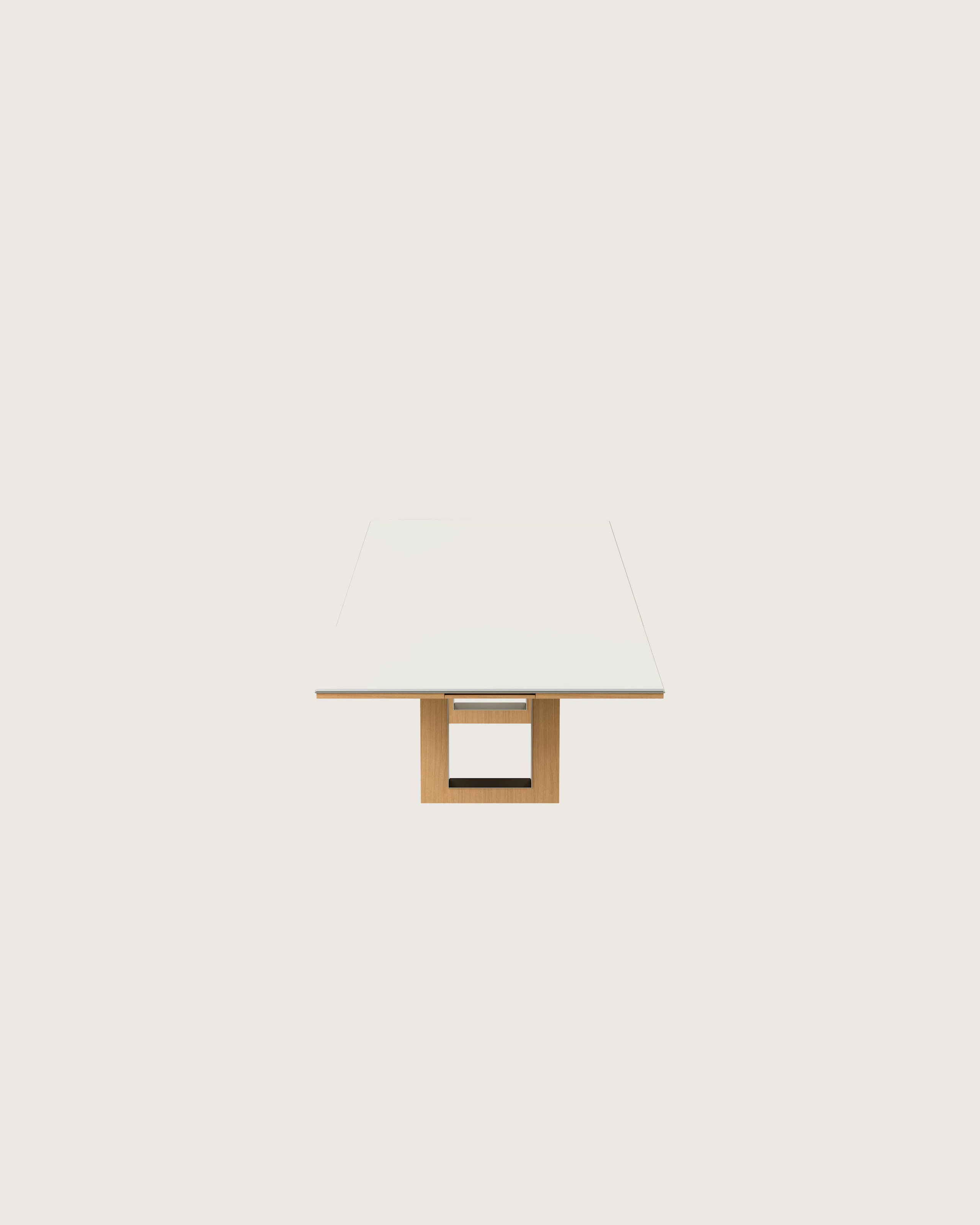 Rectangular Highline Fifty Conference Table in Glacier White Corian and Natural Rift Cut Oak with a Satin Nickel edge and base trim viewed from the side.