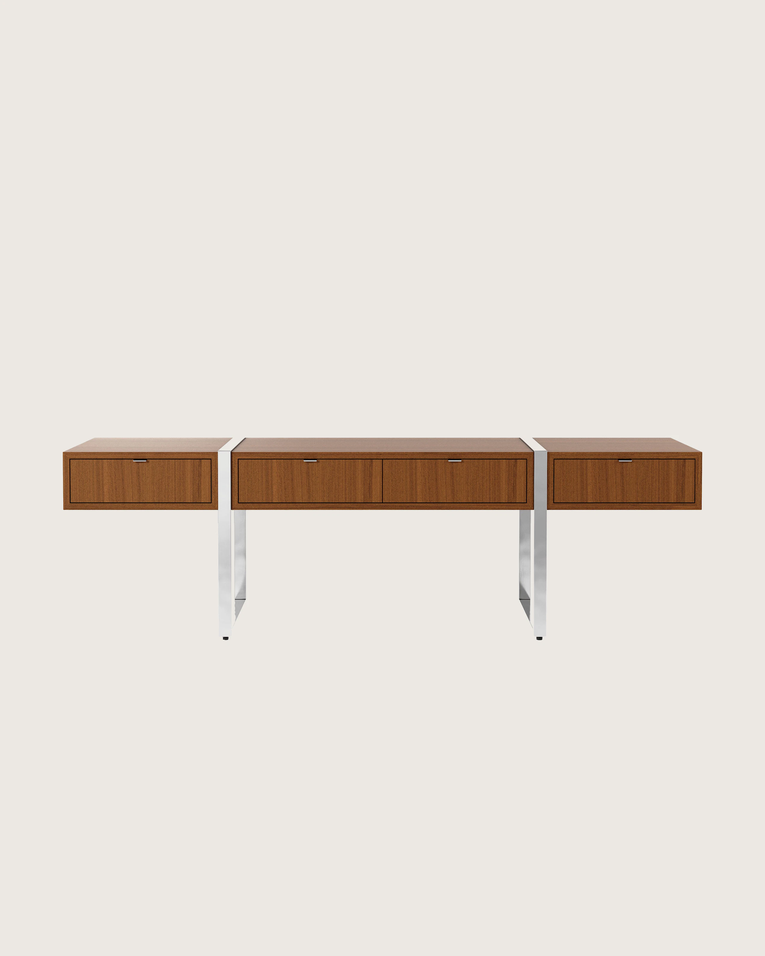 Highline Credenza in Natural Quarter Cut Walnut with Polished Chrome pull tabs and legs viewed from the front.