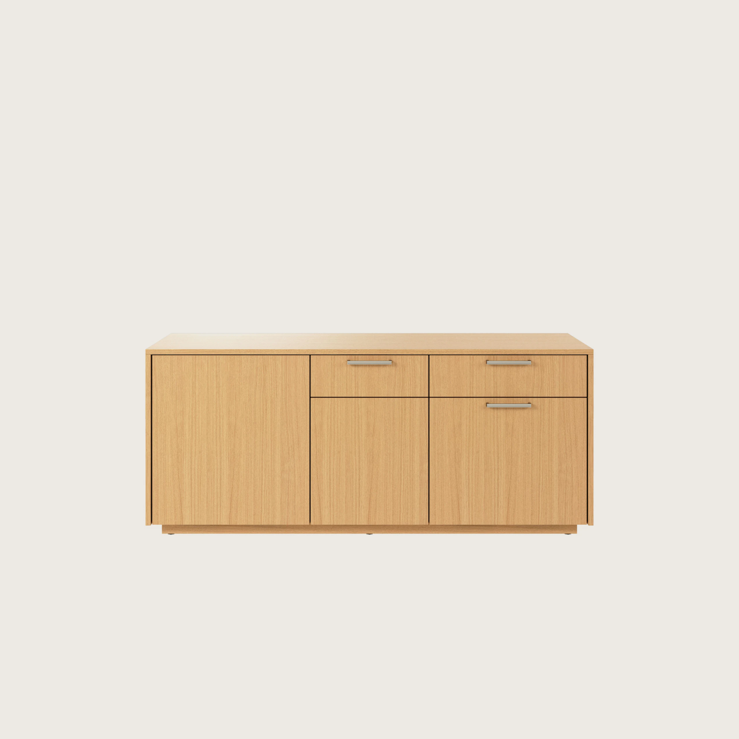 JD Credenza in Natural Rift Cut Oak with Satin Nickel drawer pulls viewed from the front.