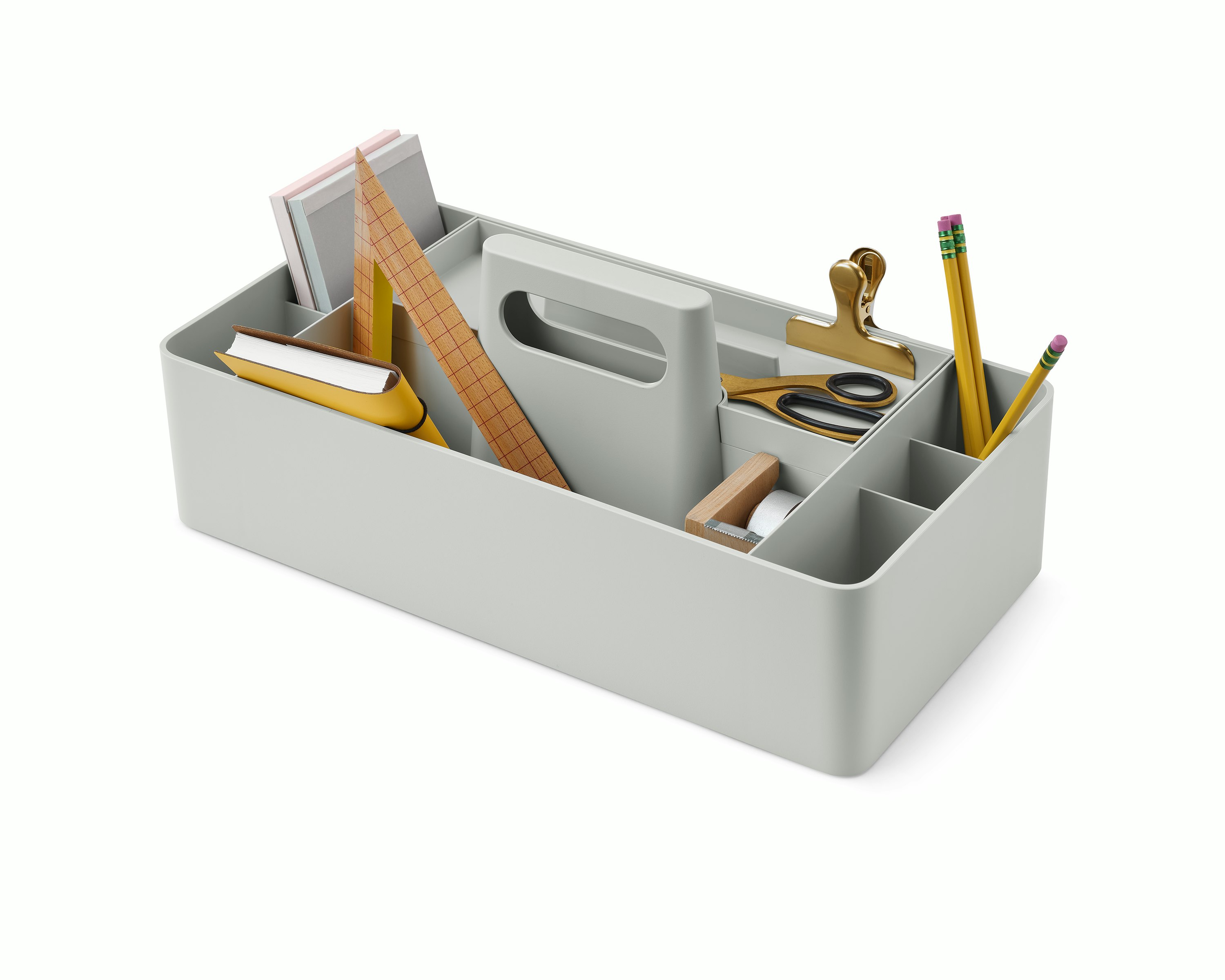 Grey OE1 Workbox with pencils, notepads and other personal items, viewed from an angle. 