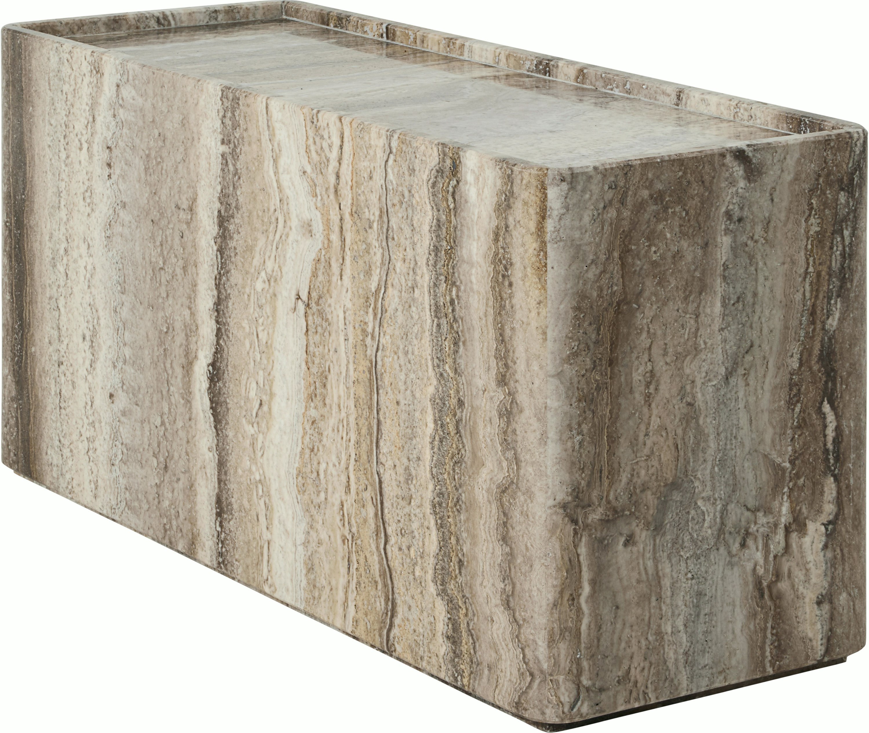 A Pietra Side Table in Travertine, Lively, Sepia viewed from an angle.