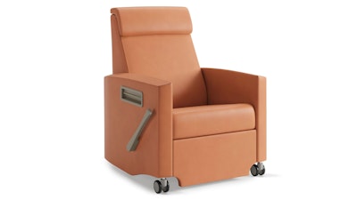 A front three-quarter view of a reddish orange Nemschoff Consoul Recliner by Herman Miller.