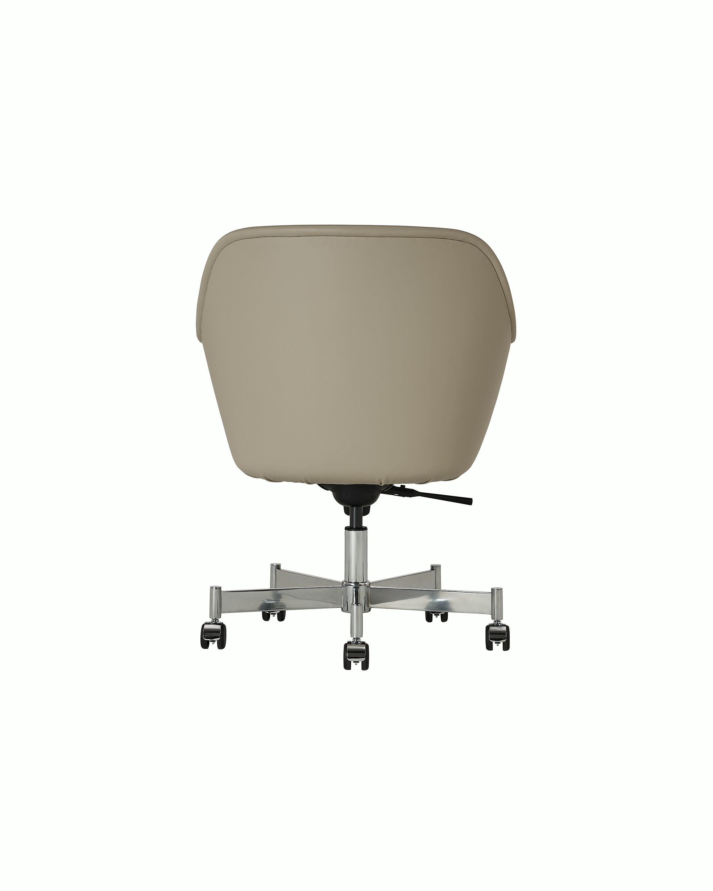 Bumper Conference Chair designed by Ward Bennett upholstered in Pace Leather in Reflection with a polished chrome base, shown back-facing on a white sweep.