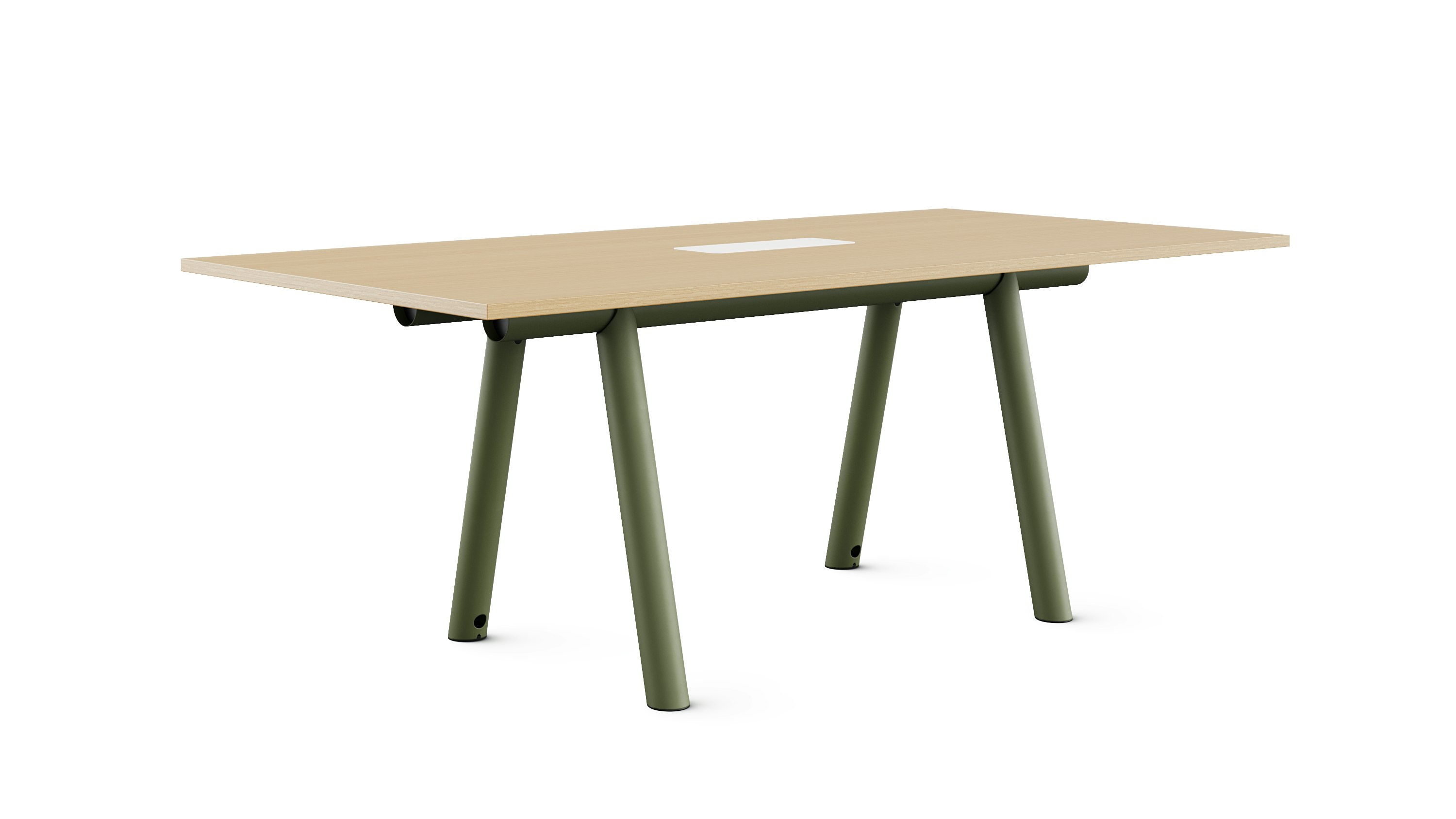Boa Table counter height, oak on ash rectangle top, olive green base.