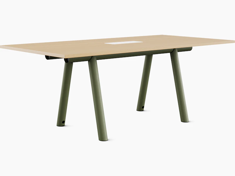 Boa Table counter height, oak on ash rectangle top, olive green base.