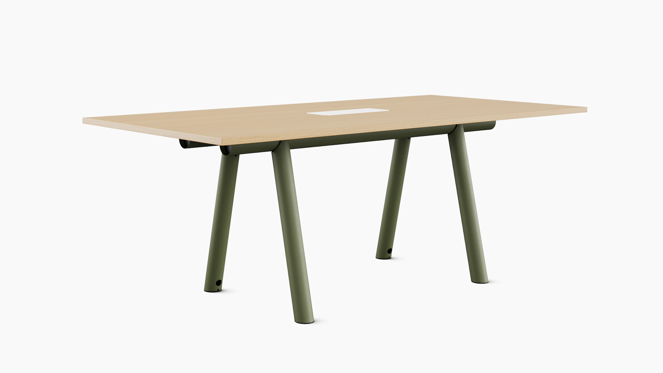 Boa Table counter height, oak on ash rectangle top, olive green base.