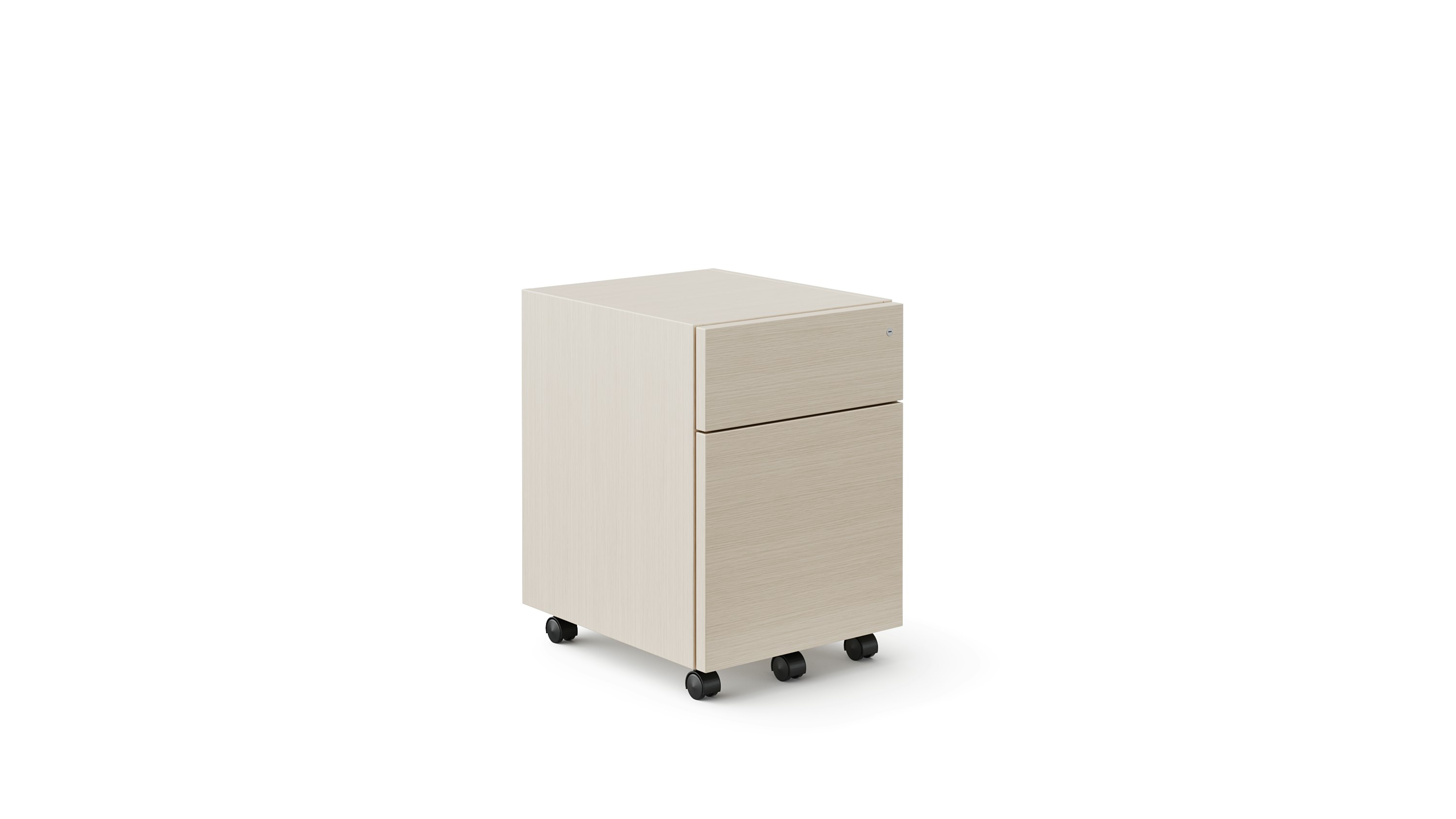 A white sweep rendering of a mobile storage pedestal in a light color veneer.