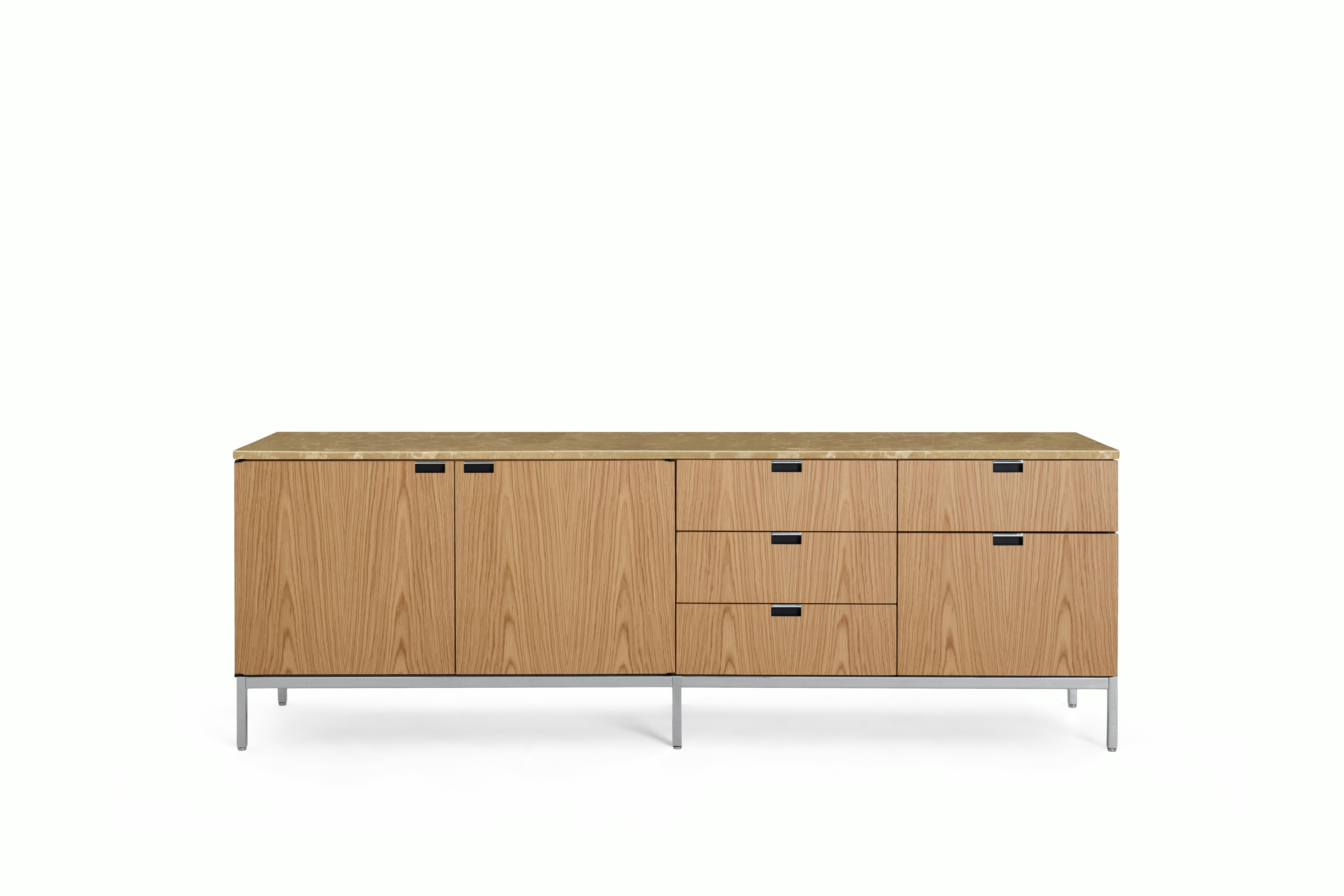 A Florence Knoll Credenza in Large, Mixed Storage, Oak, Polished Coated Marble, Emperador Light viewed from the front.