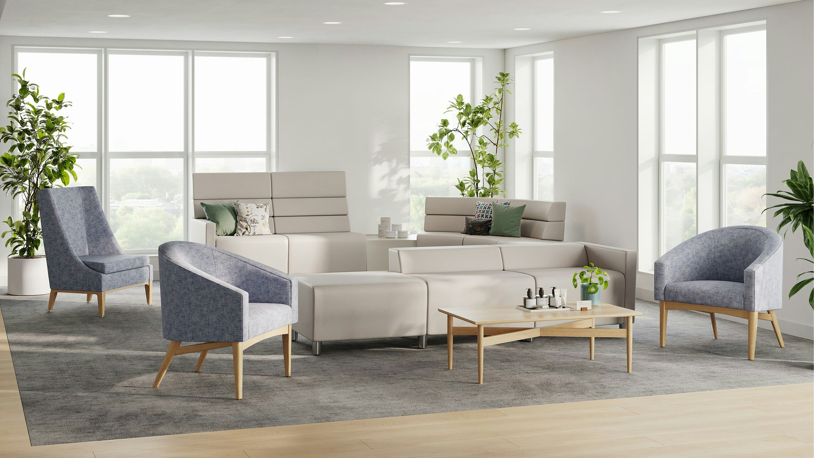 Premium waiting room, boutique care or dermatology office with Sophora Chairs and Steps Lounge.