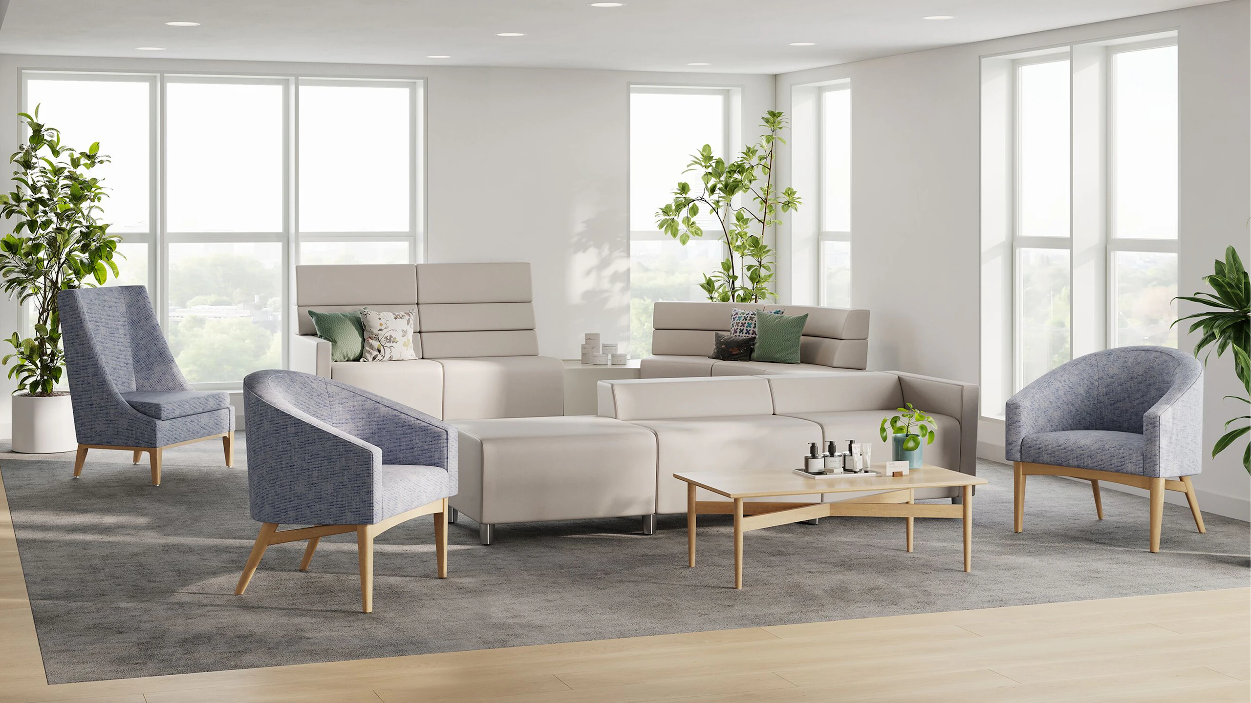 Premium waiting room, boutique care or dermatology office with Sophora Chairs and Steps Lounge.