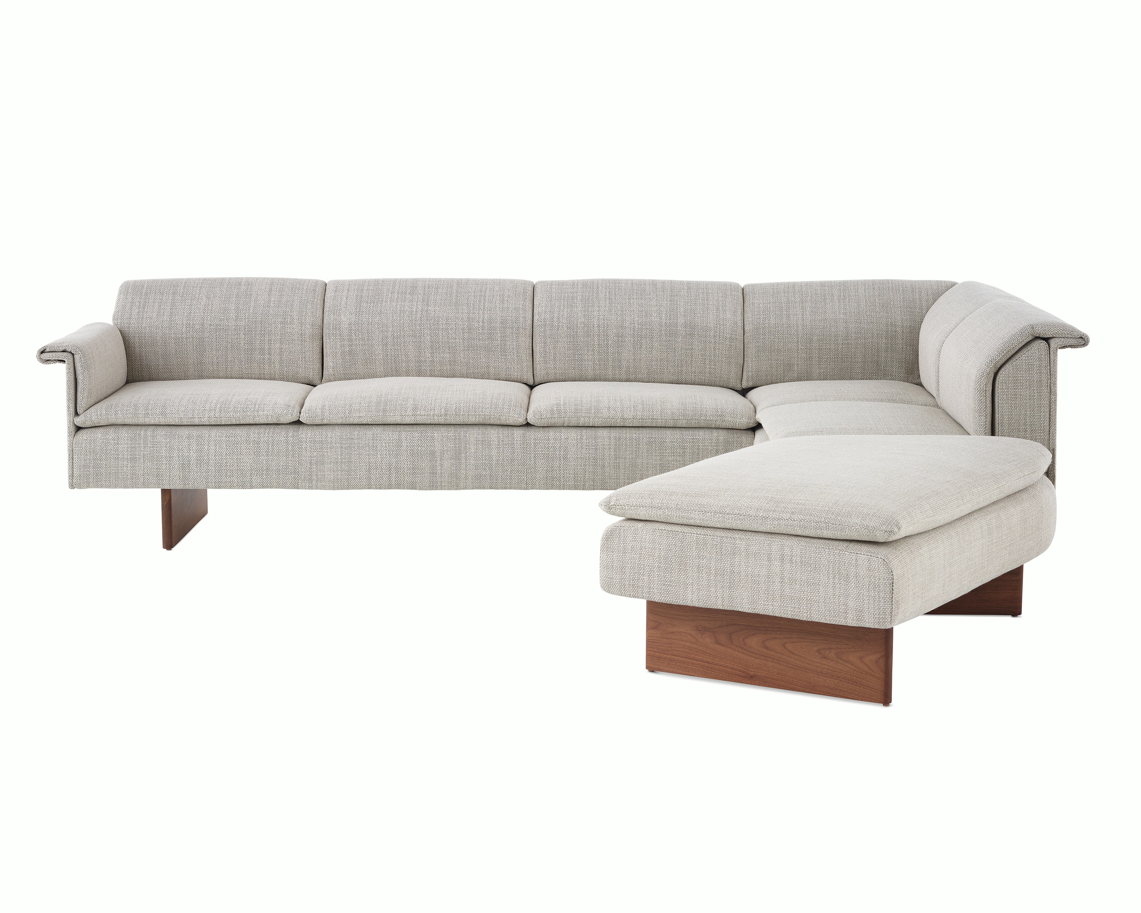 Mantle L-Shaped Sofa in Capri Stone with Walnut Wood Base.