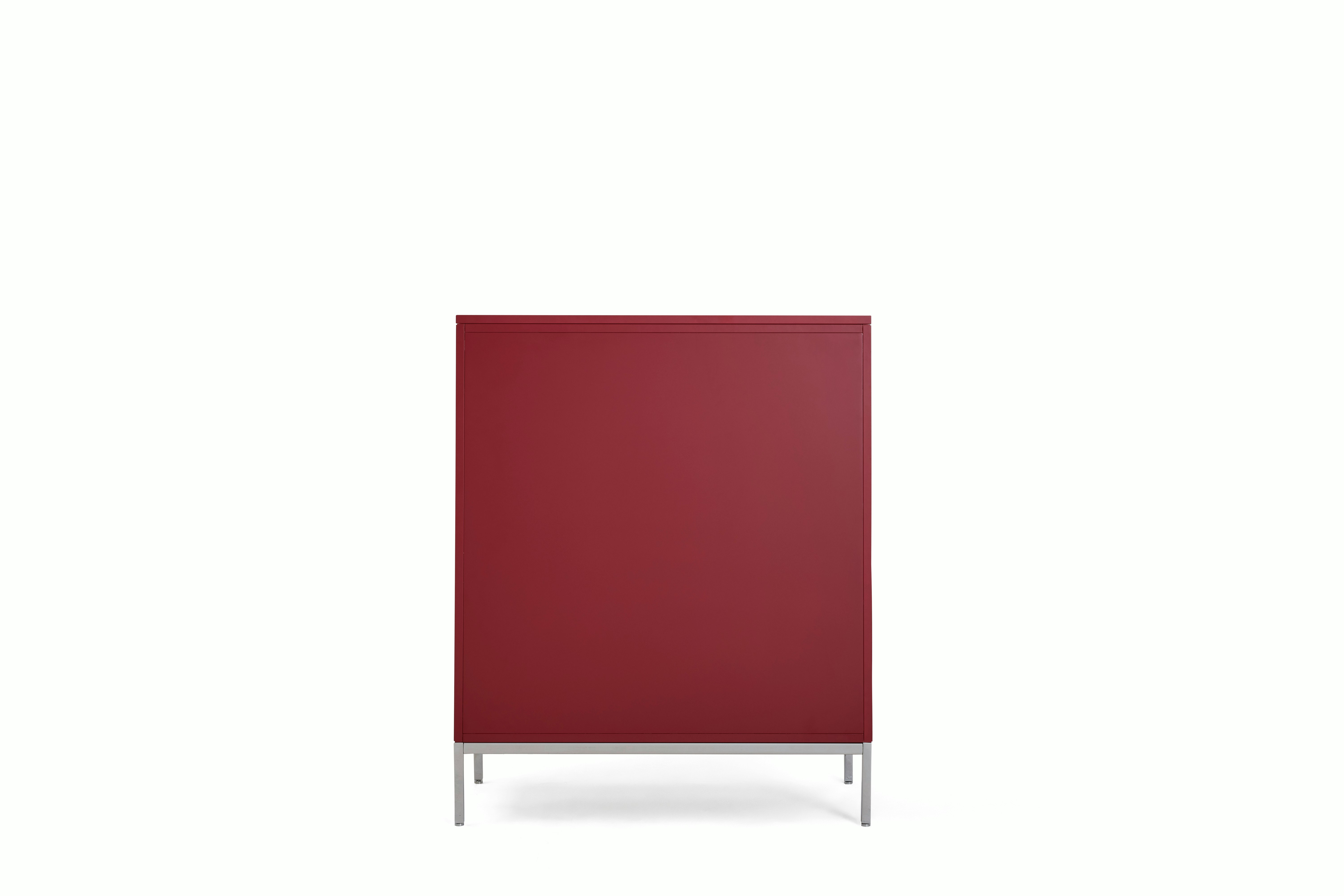 A Florence Knoll Credenza in Tall, Dark Red Lacquer, Lacquer, Dark Red Lacquer viewed from behind.