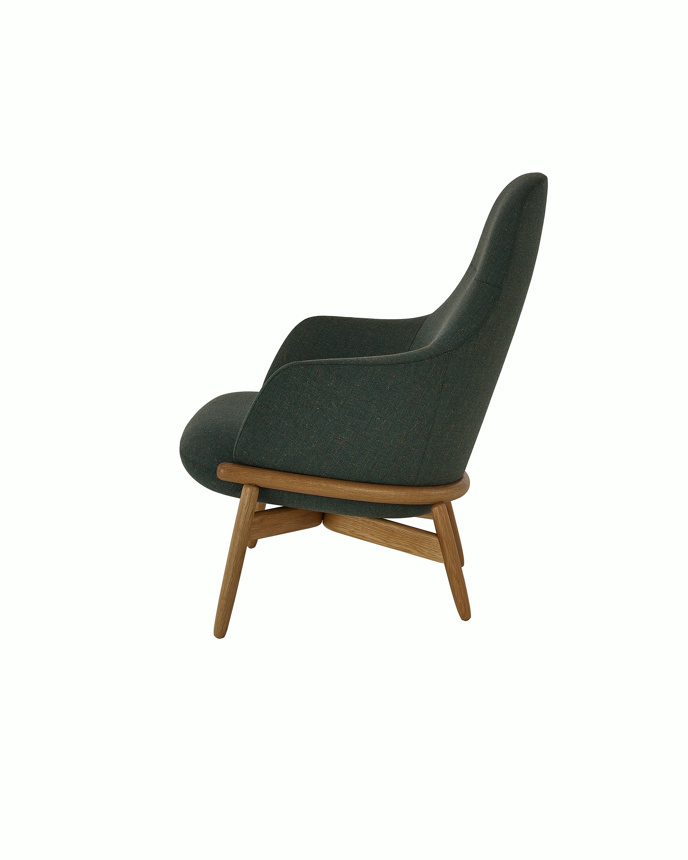 High Back Reframe Lounge Chair designed by EOOS upholstered in Rowan in Zucchini with a Natural Oak base, shown in profile on a white sweep.