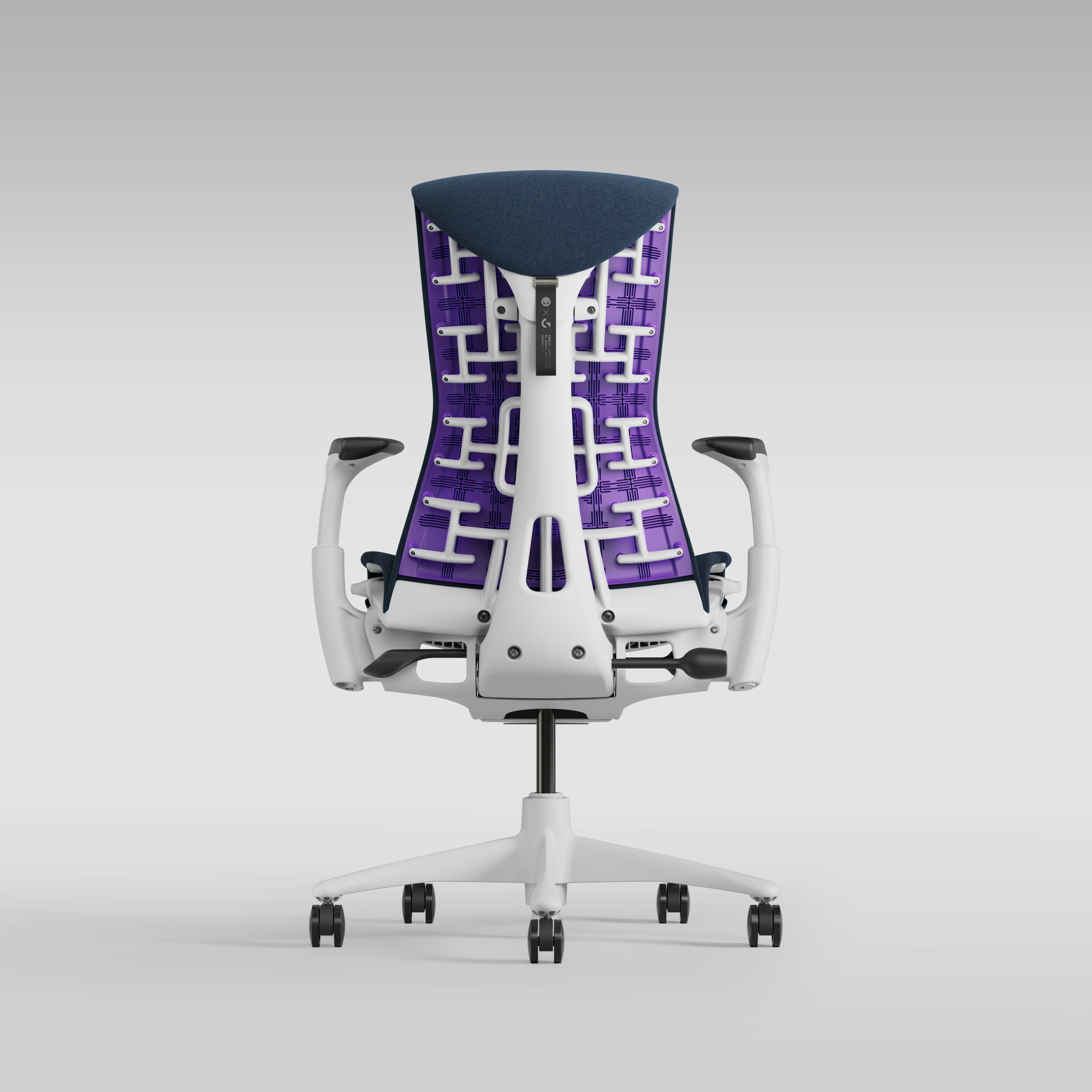Embody Gaming Chair in White, Nightfall and Nova viewed from the back