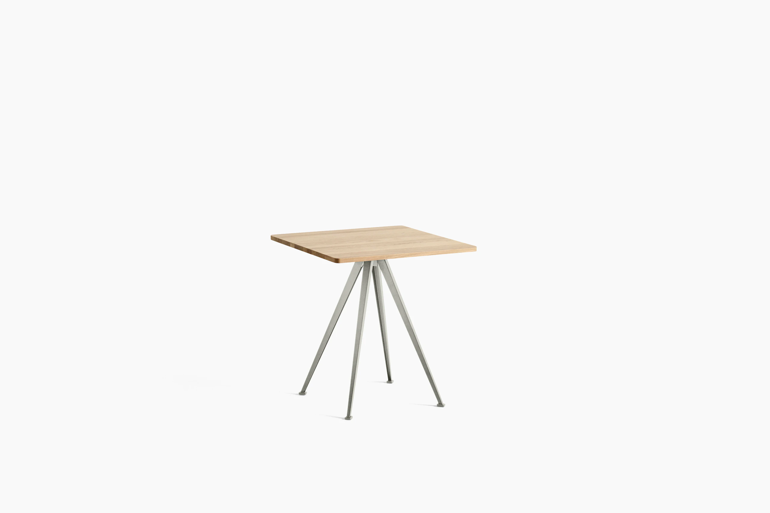 A front view of the Pyramid Cafe Table- square with Oak top and beige frame.