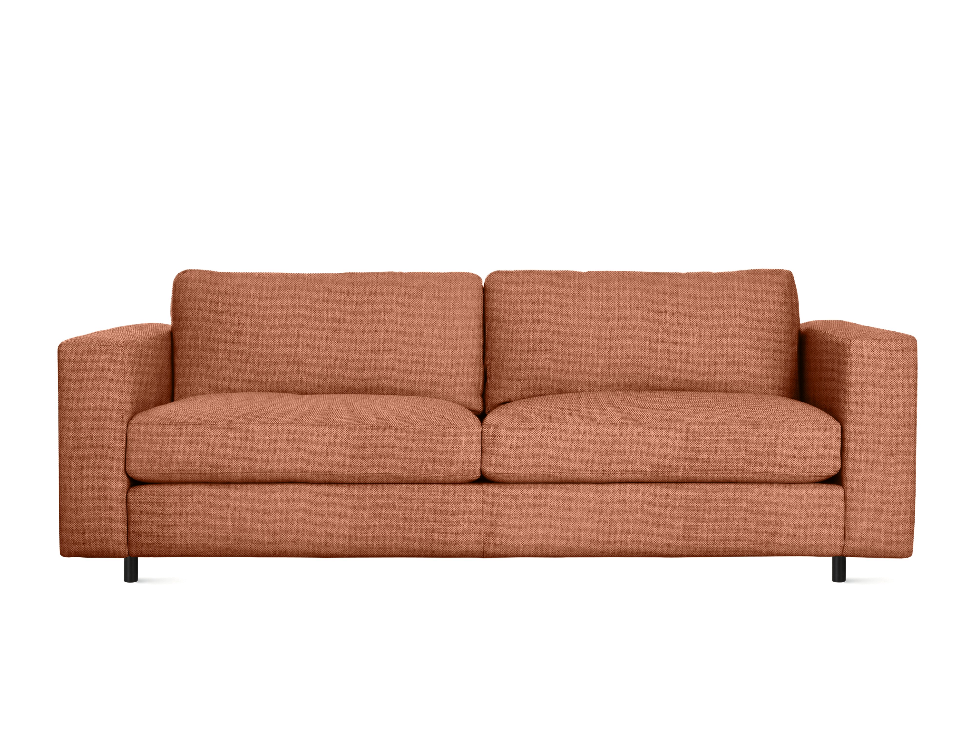 A Reid Sofa in Mode Caramelized, Black viewed from the front.