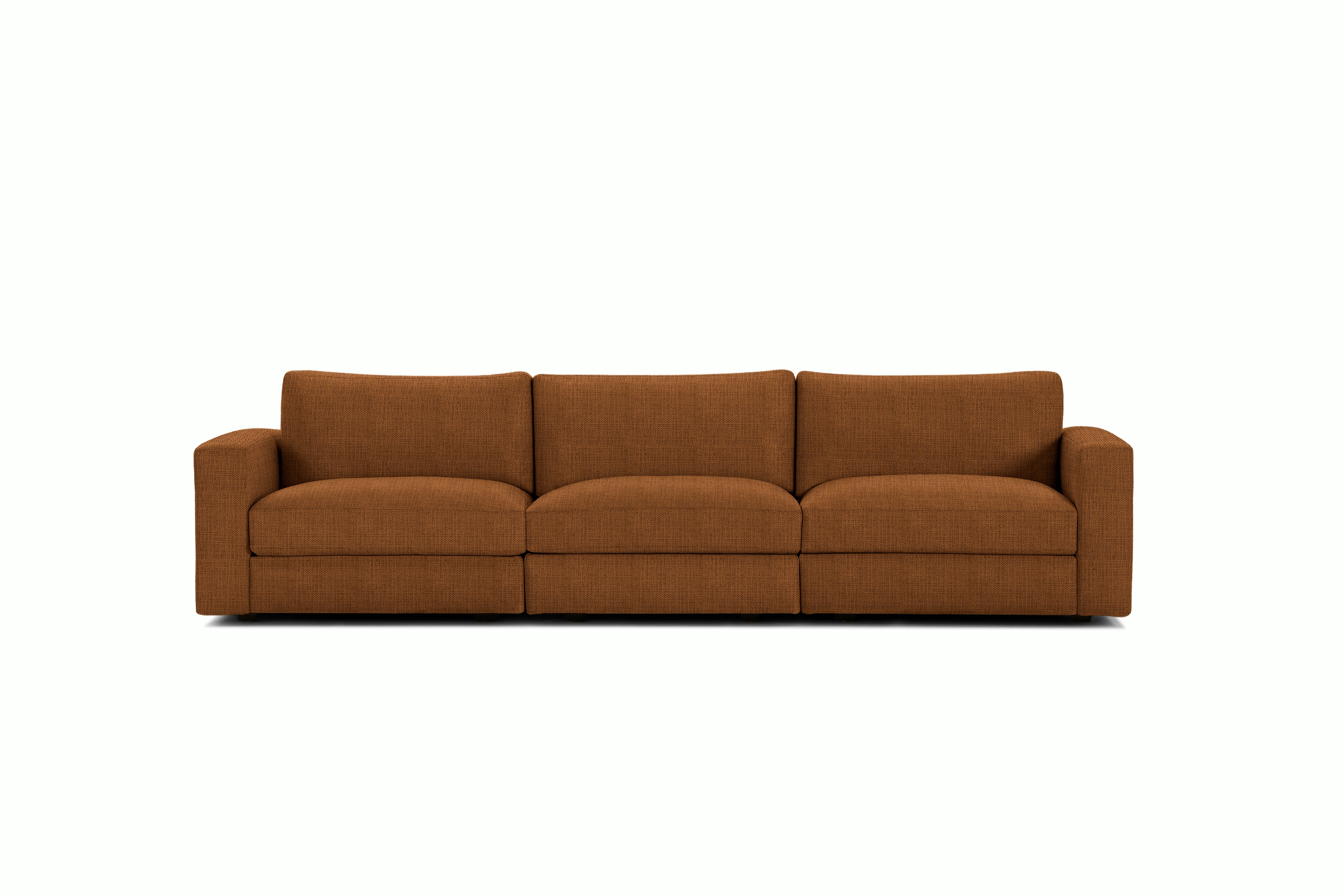 A Reid Sofa in Pebble Weave Cannella viewed from the front.