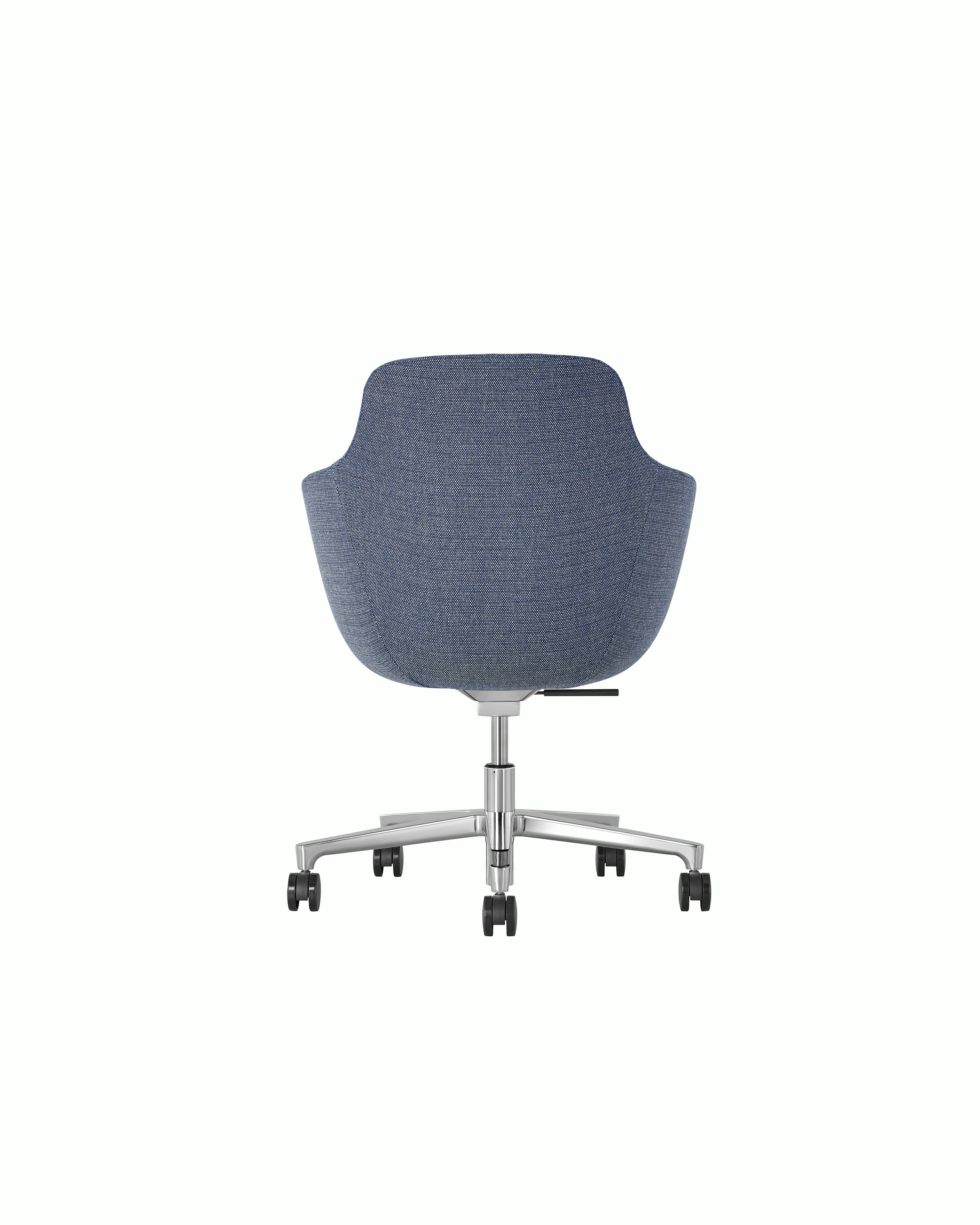 A Saiba Chair with light blue upholstery and casters, viewed from the back.