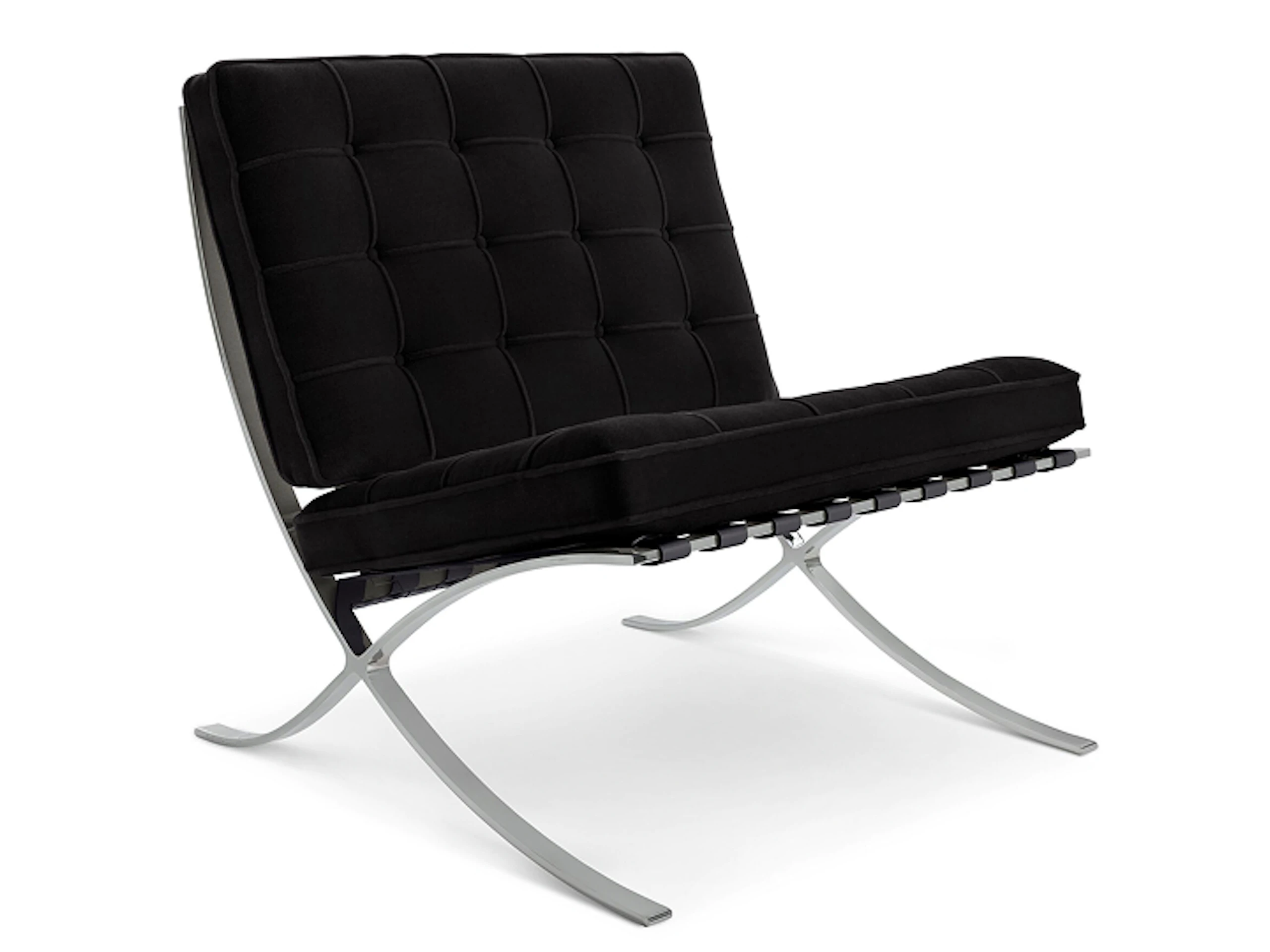A front three quarter view of an Ebony Knoll Velvet Barcelona Chair by Knoll with a polished chrome frame on a white background