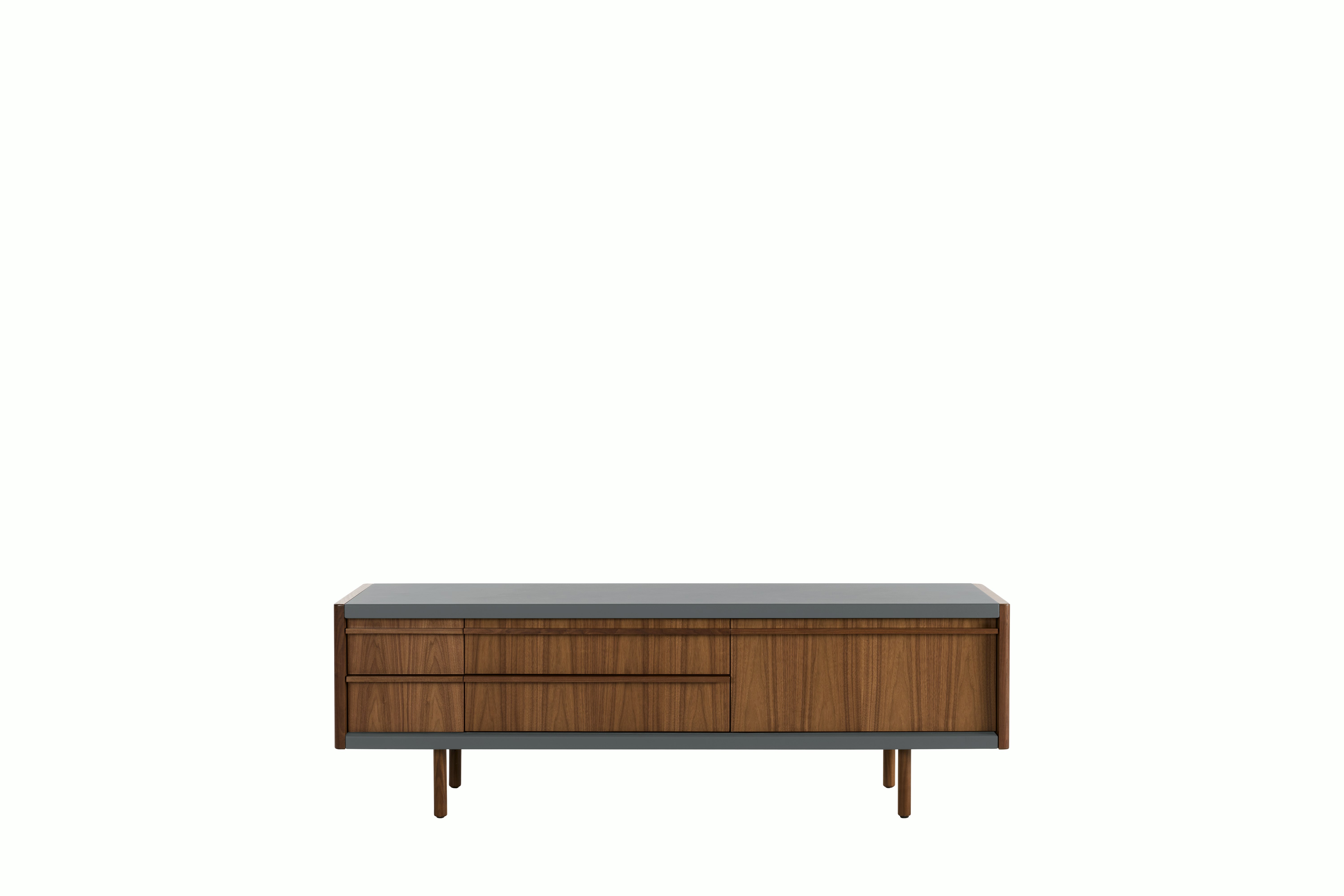 New Canaan Media Unit - Walnut, Bristol Leather, Sky Grey