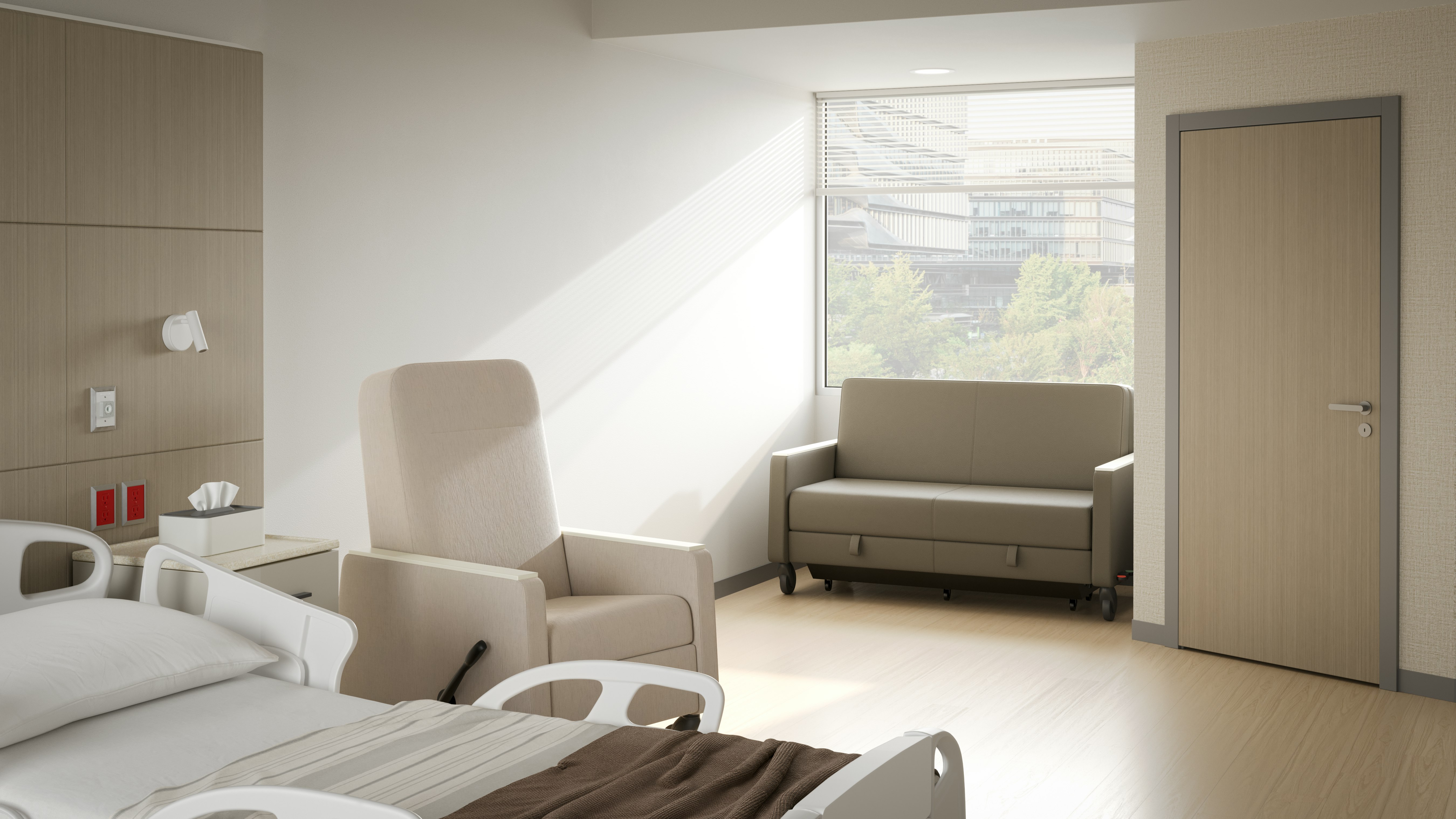 Gemma Sleep Settee shown with Gemma Recliner in a patient room, in seated position.