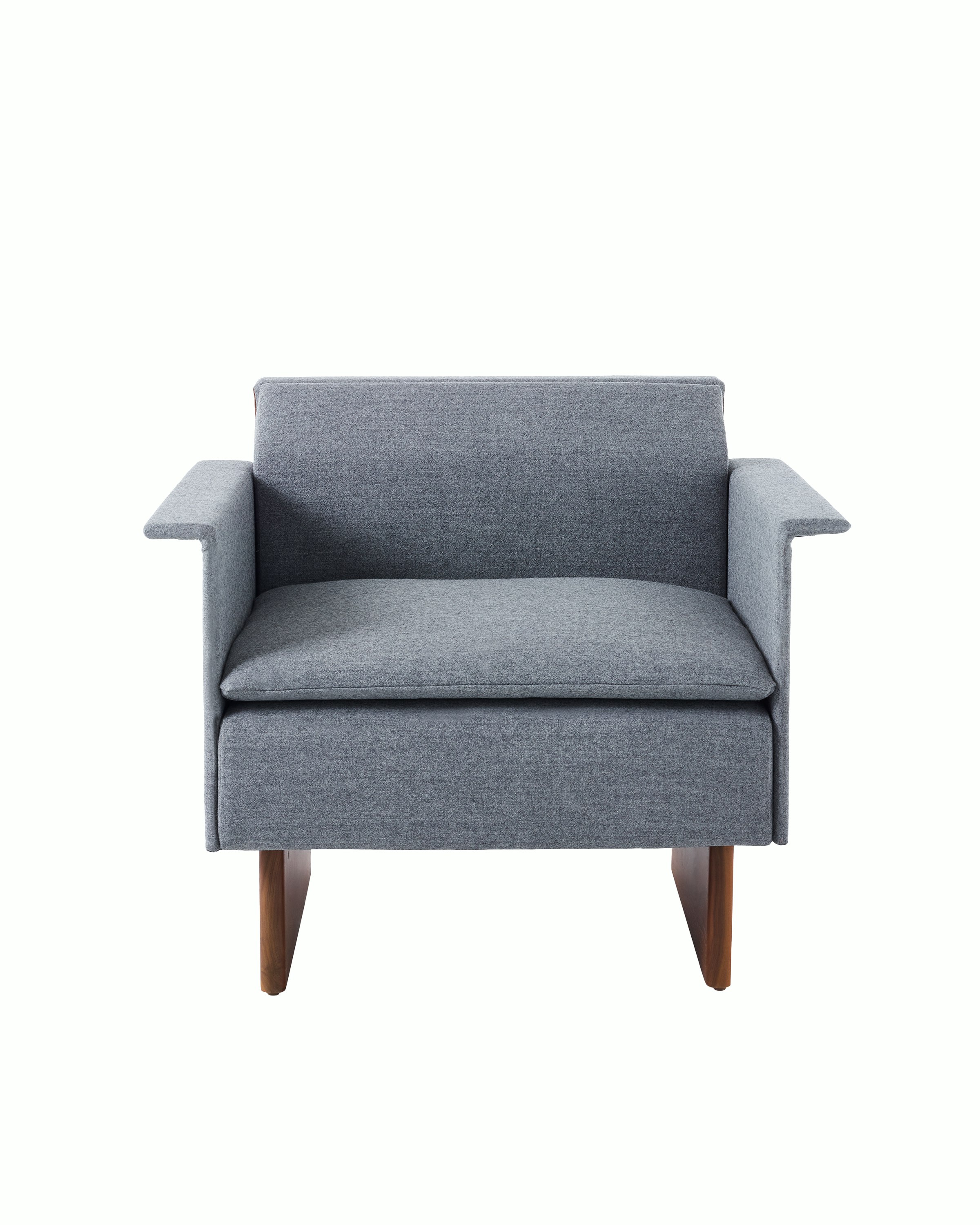 Mantle Club Chair in Panno di Dulce Flannel with a Walnut Base, viewed from the front.