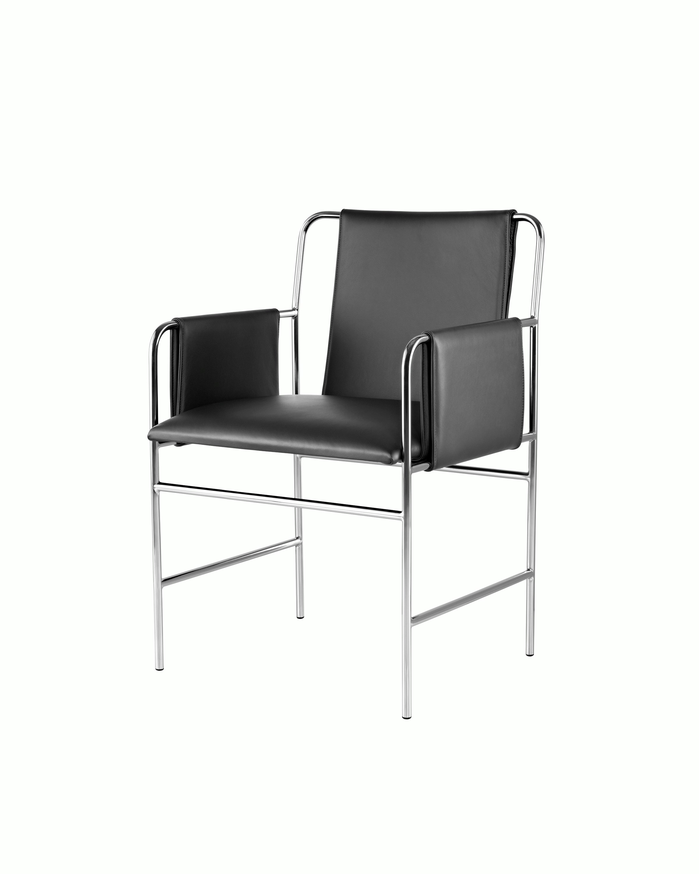 Angled view of an Envelope side chair with black leather upholstery and a tubular steel frame.