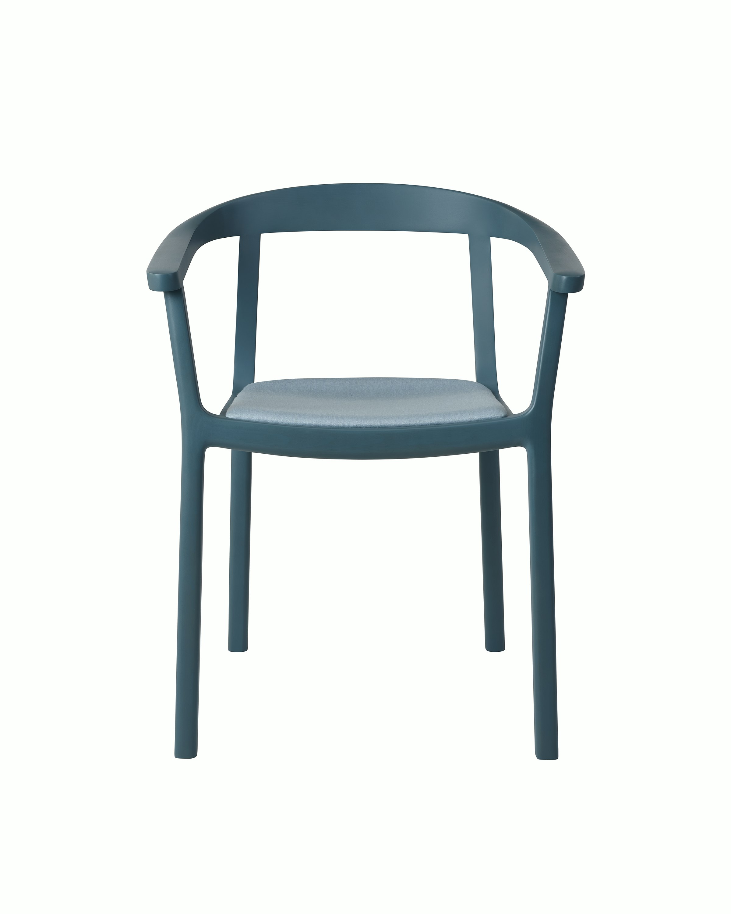 Lijn Armchair by Carole Baijings for Geiger in Nordic Blue frame upholstered with Maharam Valor in Alfresco, front view on a white sweep.