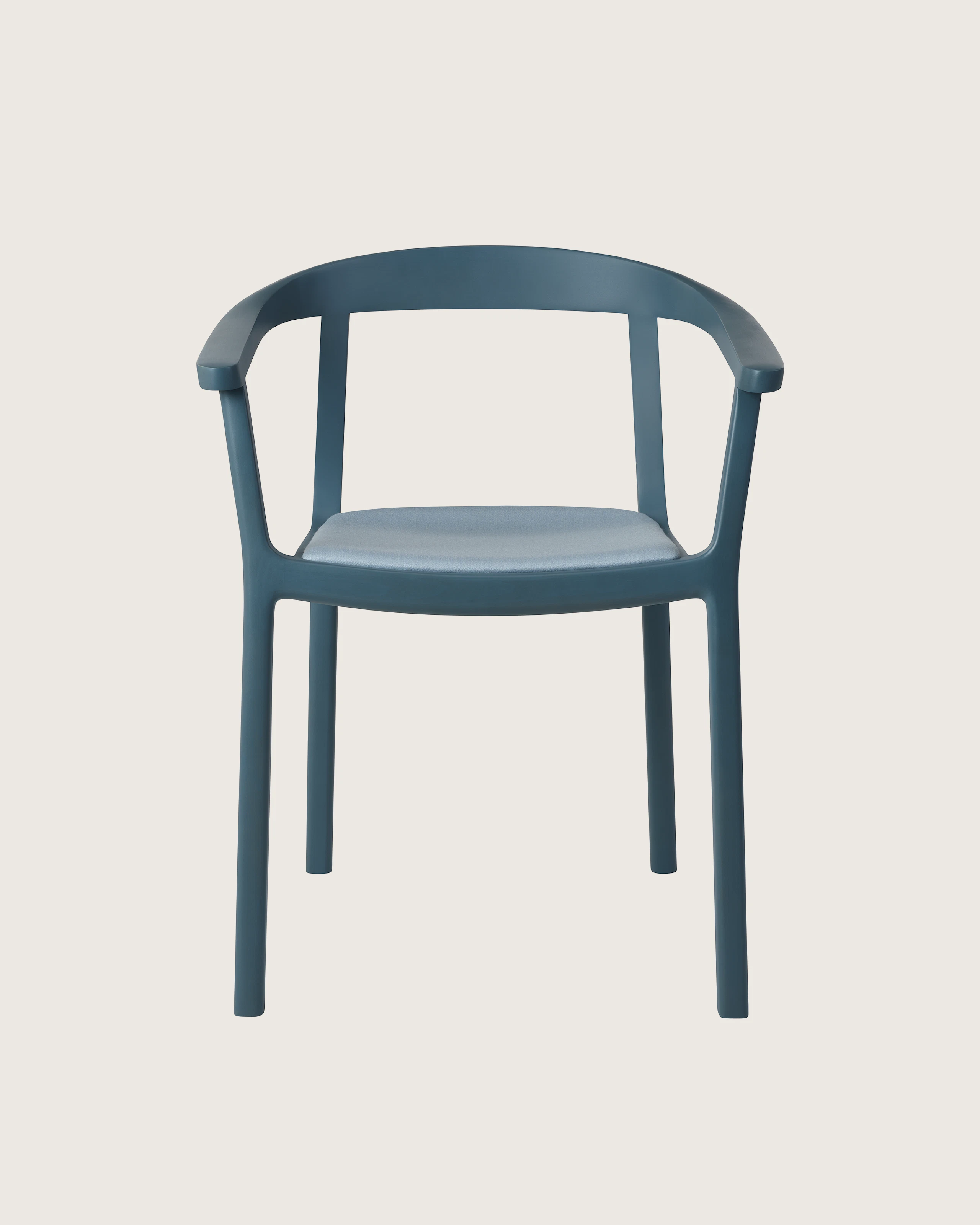 Lijn Armchair by Carole Baijings for Geiger in Nordic Blue frame upholstered with Maharam Valor in Alfresco, front view on a white sweep.
