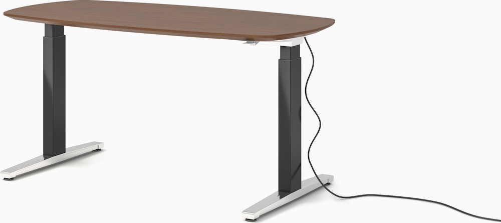 Renew Executive S2S Desk 29x58, Veneer Walnut, Graphite Satin / Polished Aluminum, Simple Cover, Standard Power