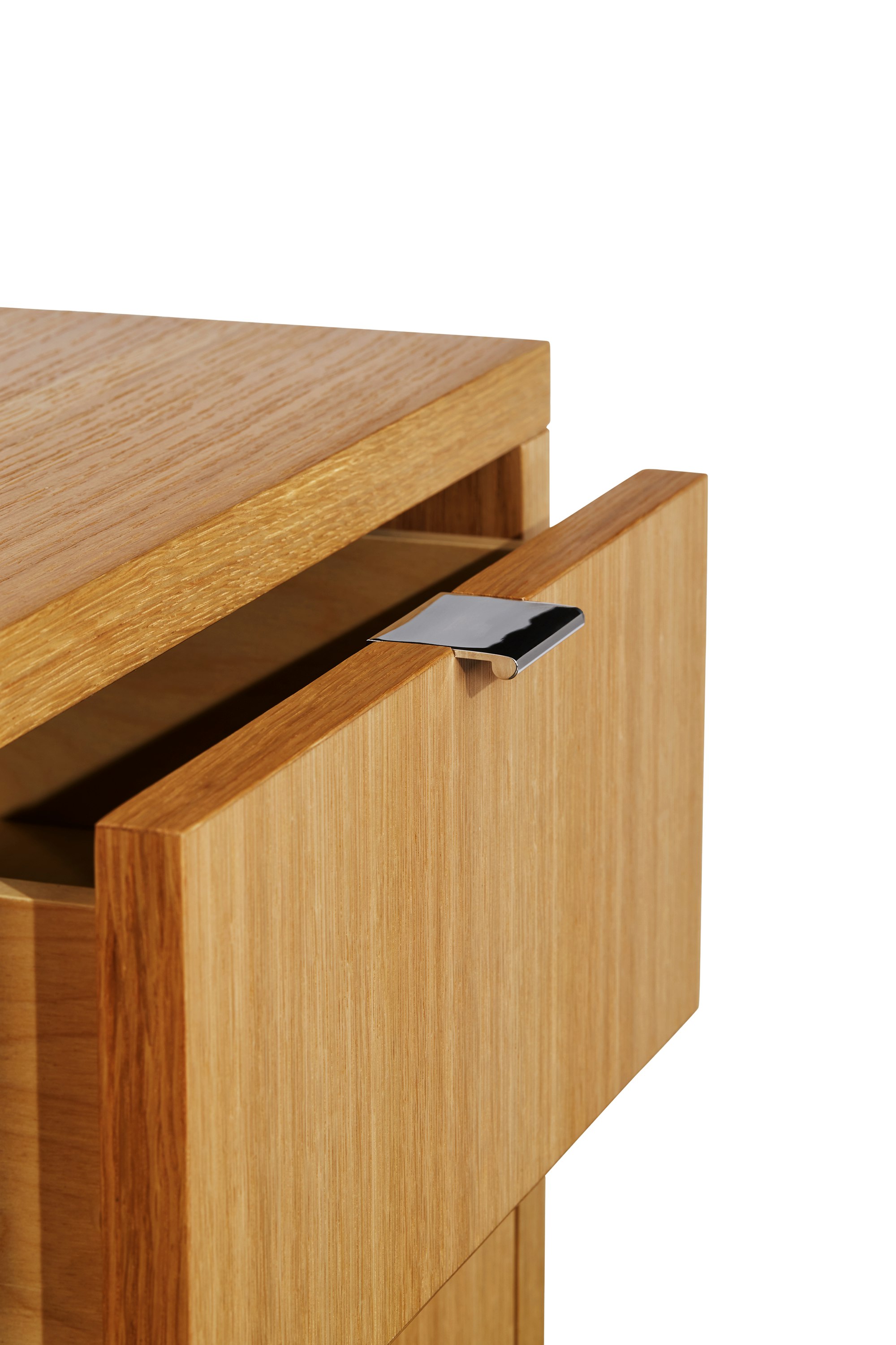 Highline Twenty Five Credenza in Rift Cut European White Oak with Polished Chrome pulls, detail view. 