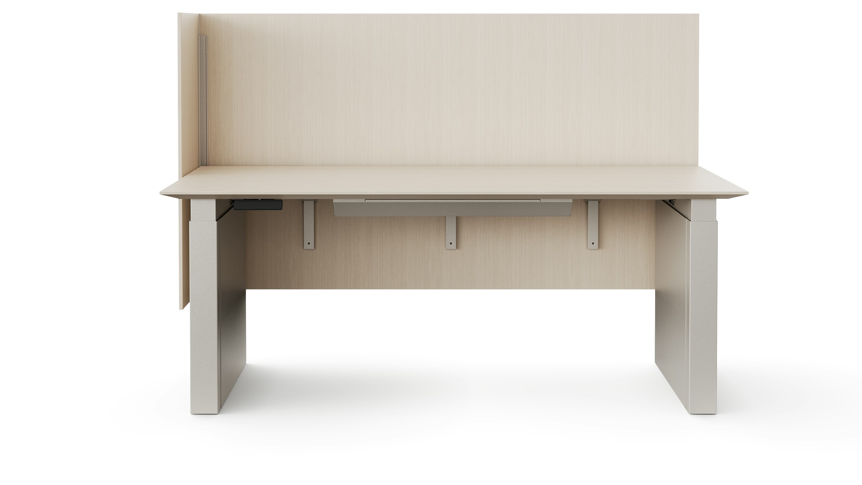 A rendering of a height adjustable table with shrouded legs and a surface attached screen on the back and one side of the table. The finishes of all the materials are a light color.