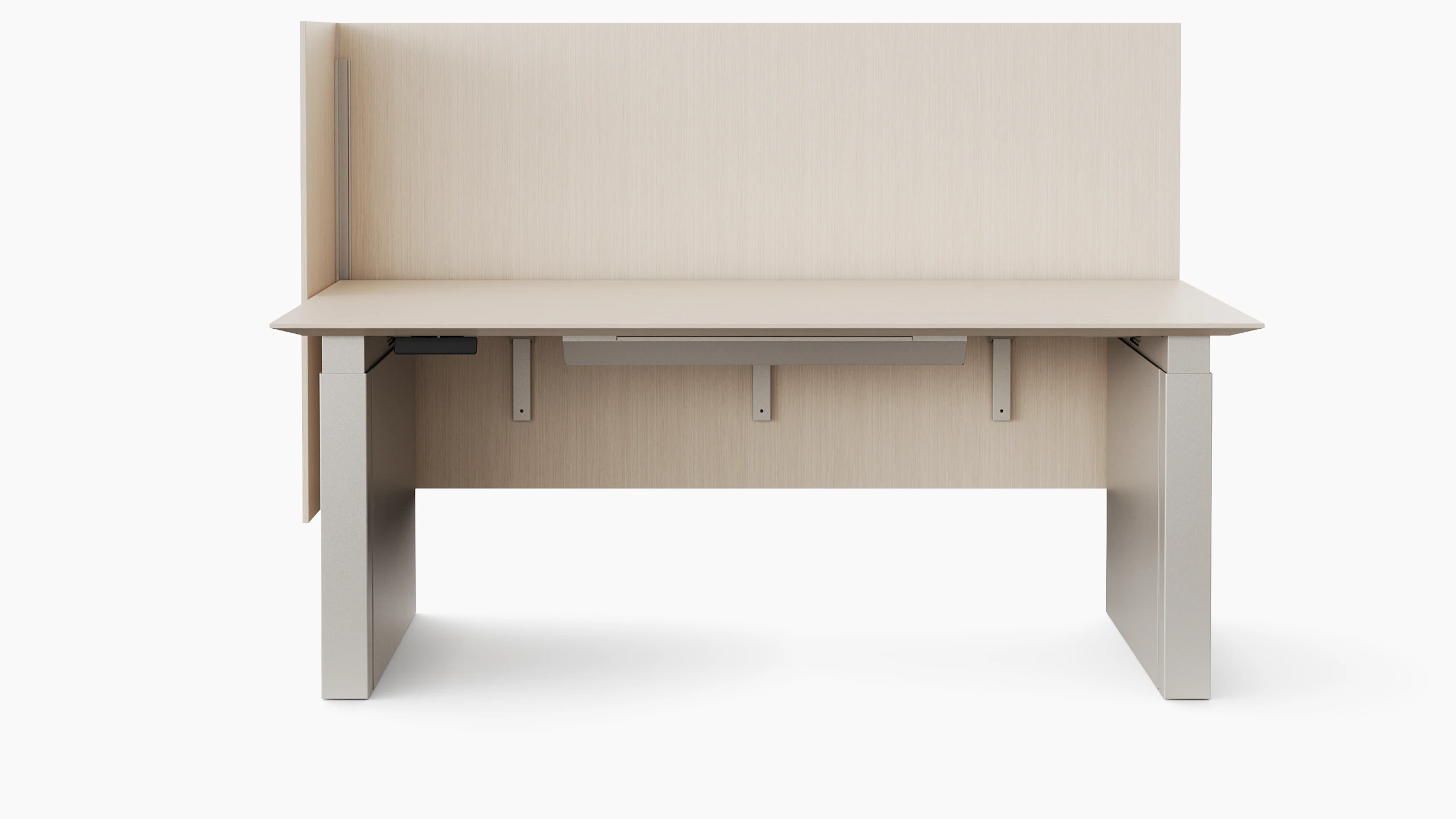A rendering of a height adjustable table with shrouded legs and a surface attached screen on the back and one side of the table. The finishes of all the materials are a light color.