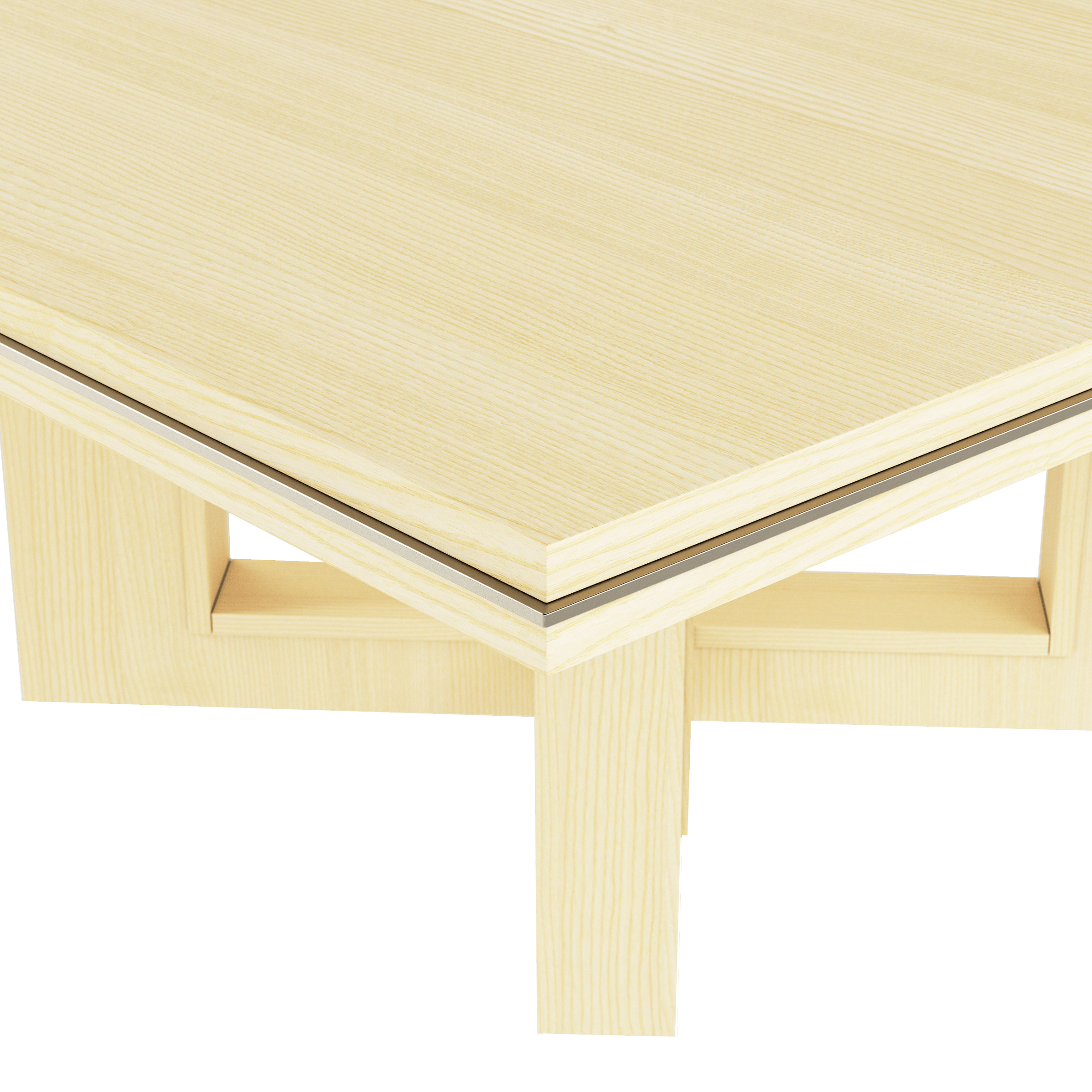 Edge detail shot of a square Highline Fifty Meeting Table in White Quarter Cut Ash and Satin Nickel details. 