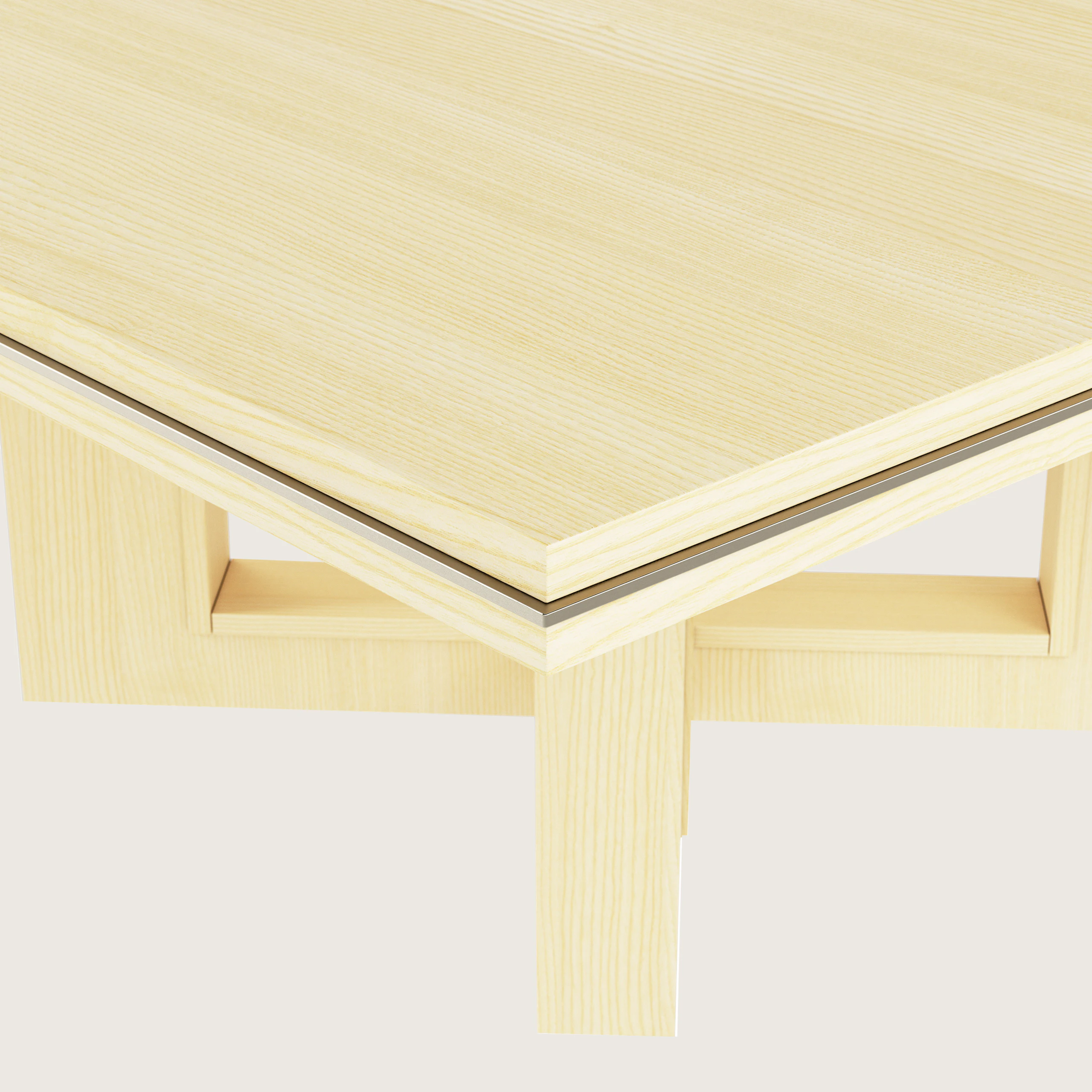 Edge detail shot of a square Highline Fifty Meeting Table in White Quarter Cut Ash and Satin Nickel details.