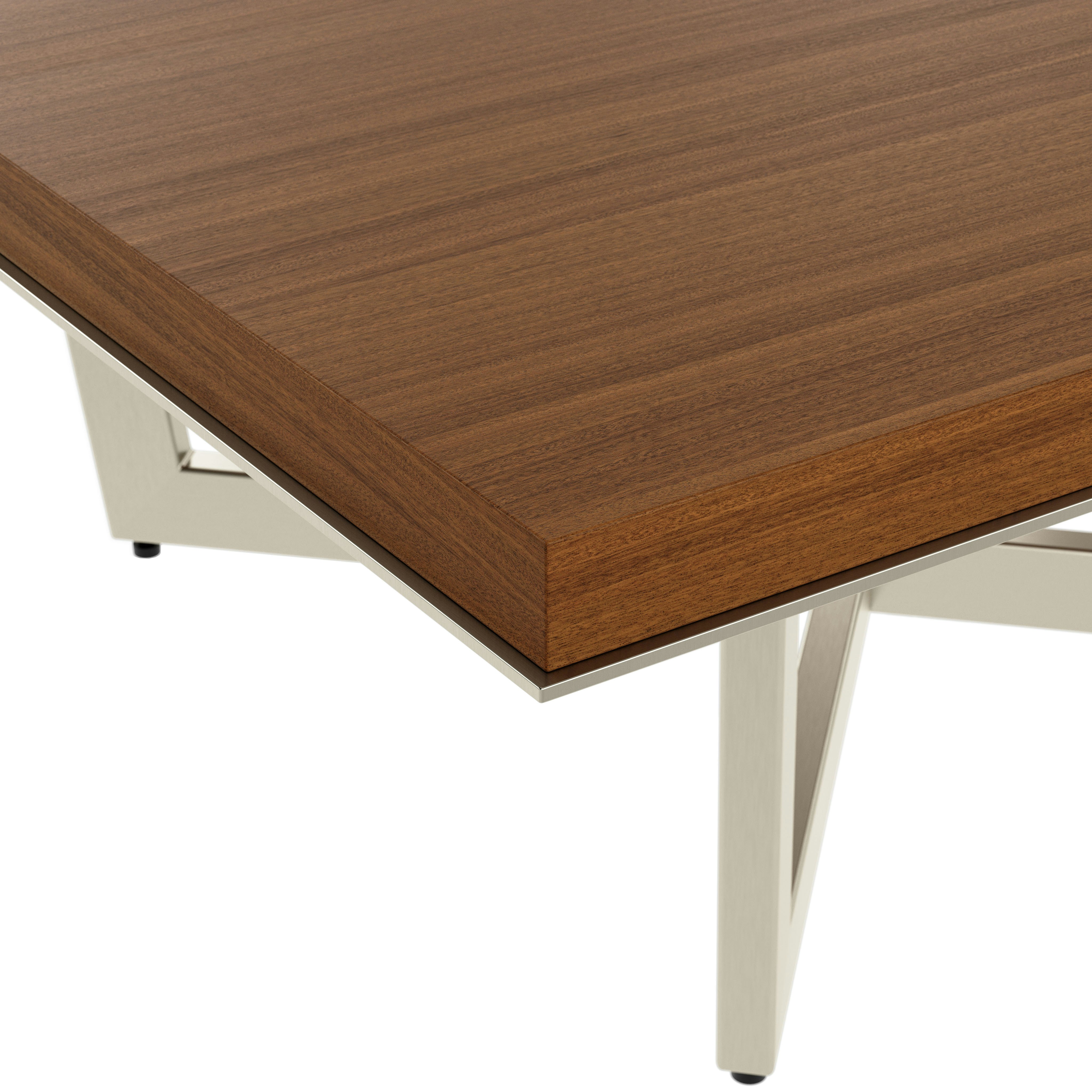 Edge detail shot of a Highline Meeting Table in Natural Quarter Cut Walnut with a Satin Nickel base.