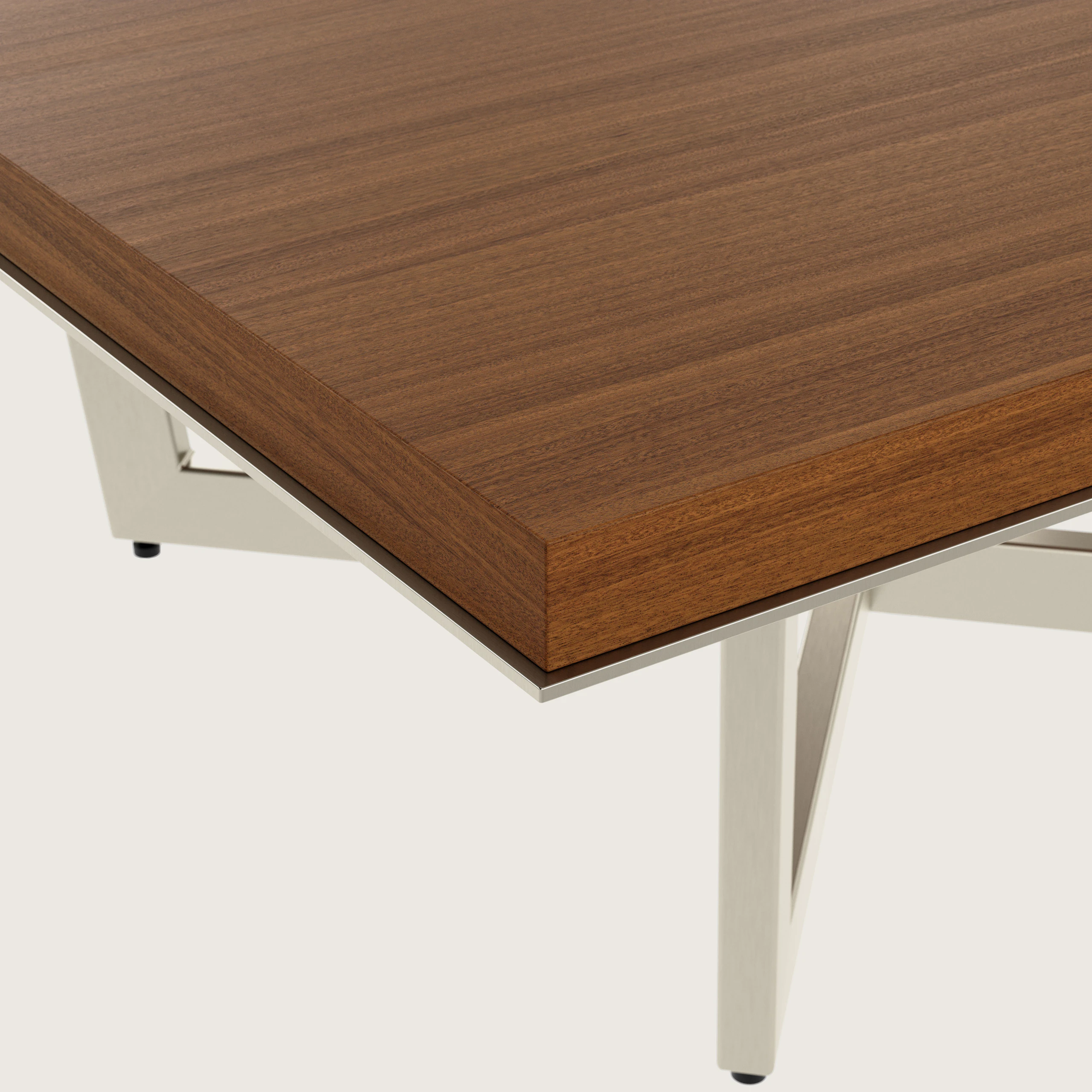 Edge detail shot of a Highline Meeting Table in Natural Quarter Cut Walnut with a Satin Nickel base.