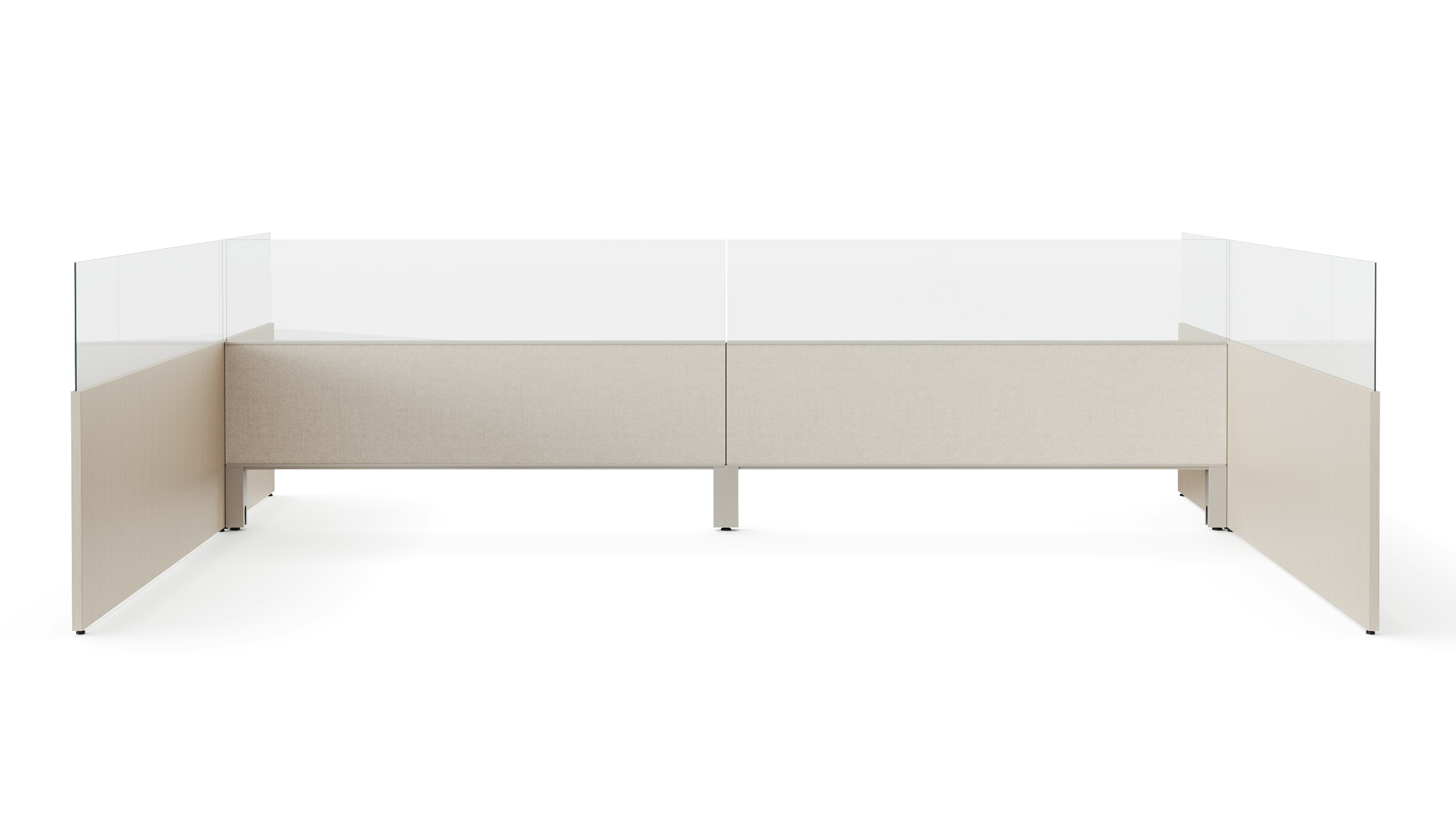 White sweep rendering of workstation screens with glass add ons viewed from straight on.