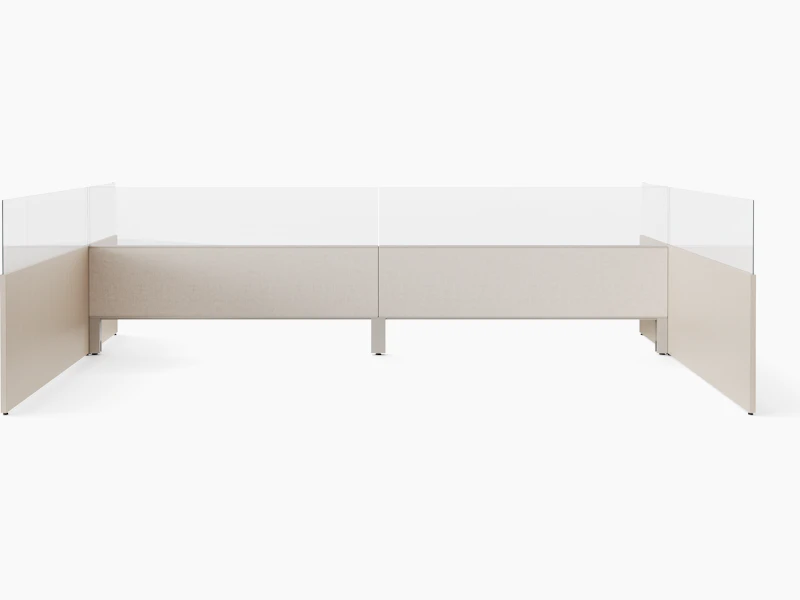 White sweep rendering of workstation screens with glass add ons viewed from straight on.