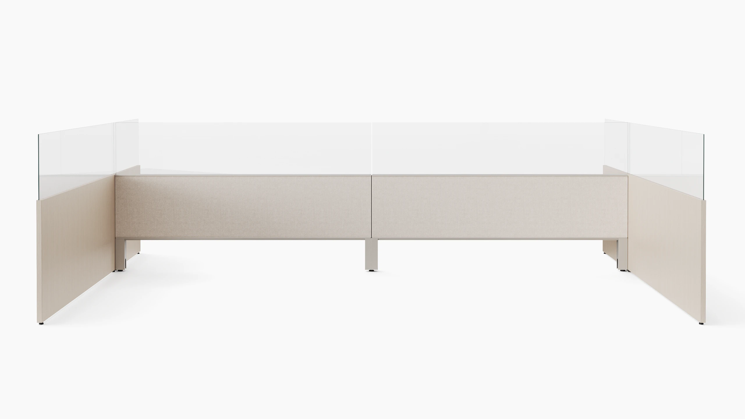 White sweep rendering of workstation screens with glass add ons viewed from straight on.