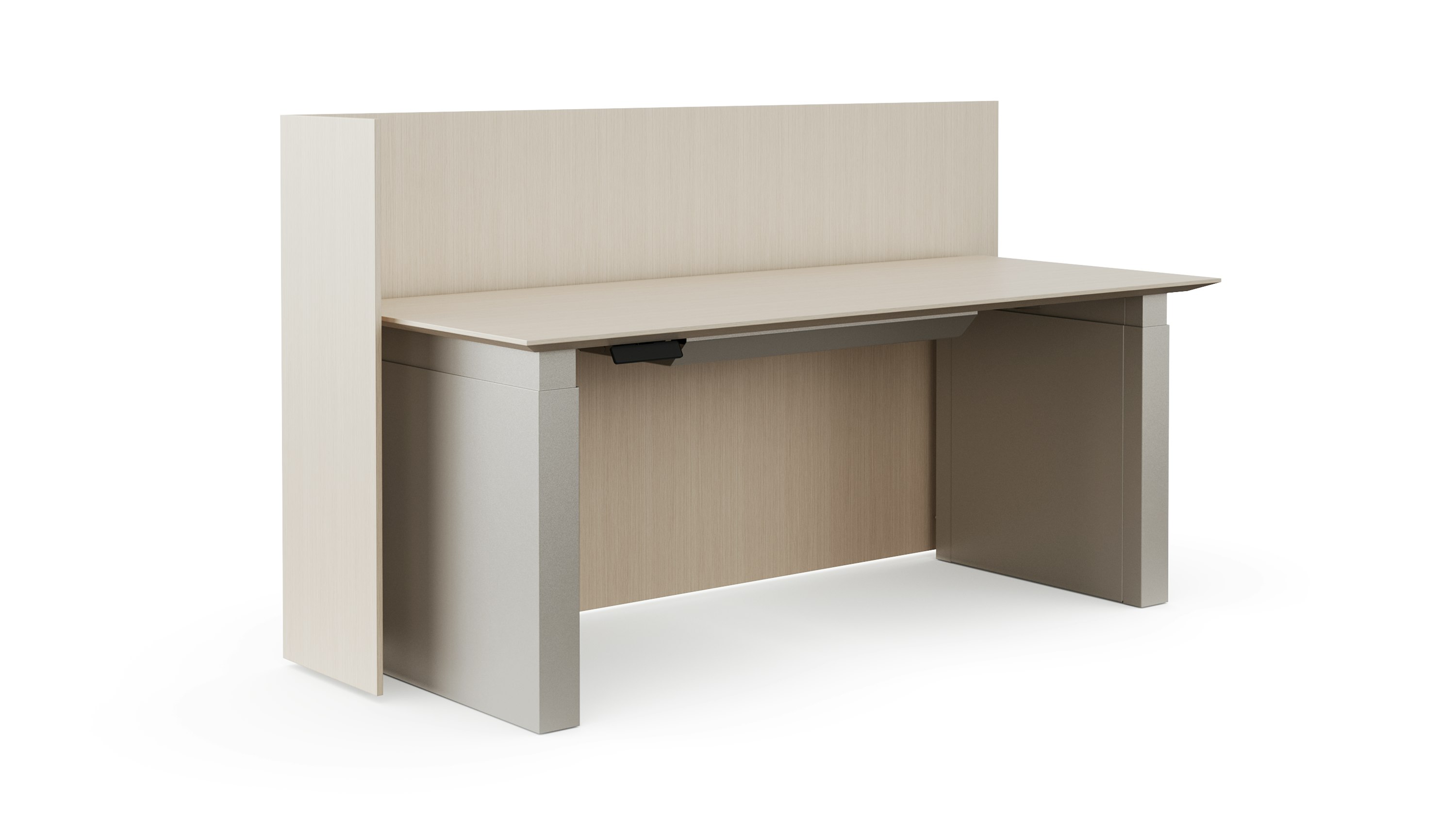 A rendering of a height adjustable table with shrouded legs and a floor standing screen on the back and one side of the table shown from an angle. The finishes of all the materials are a light color.