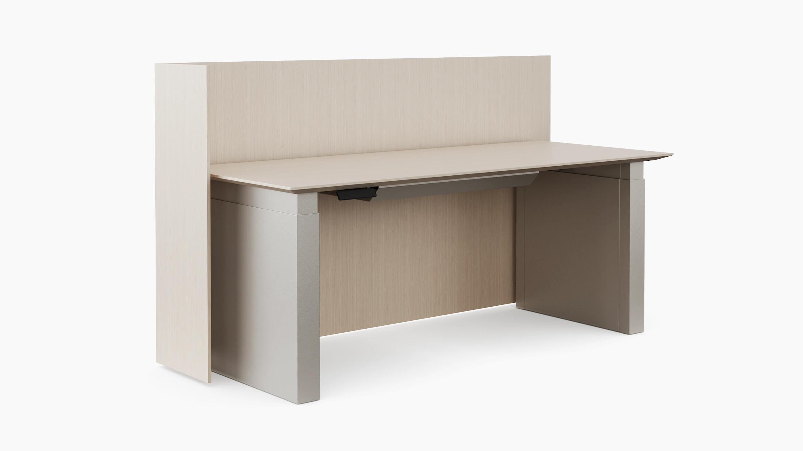 A rendering of a height adjustable table with shrouded legs and a floor standing screen on the back and one side of the table shown from an angle. The finishes of all the materials are a light color.