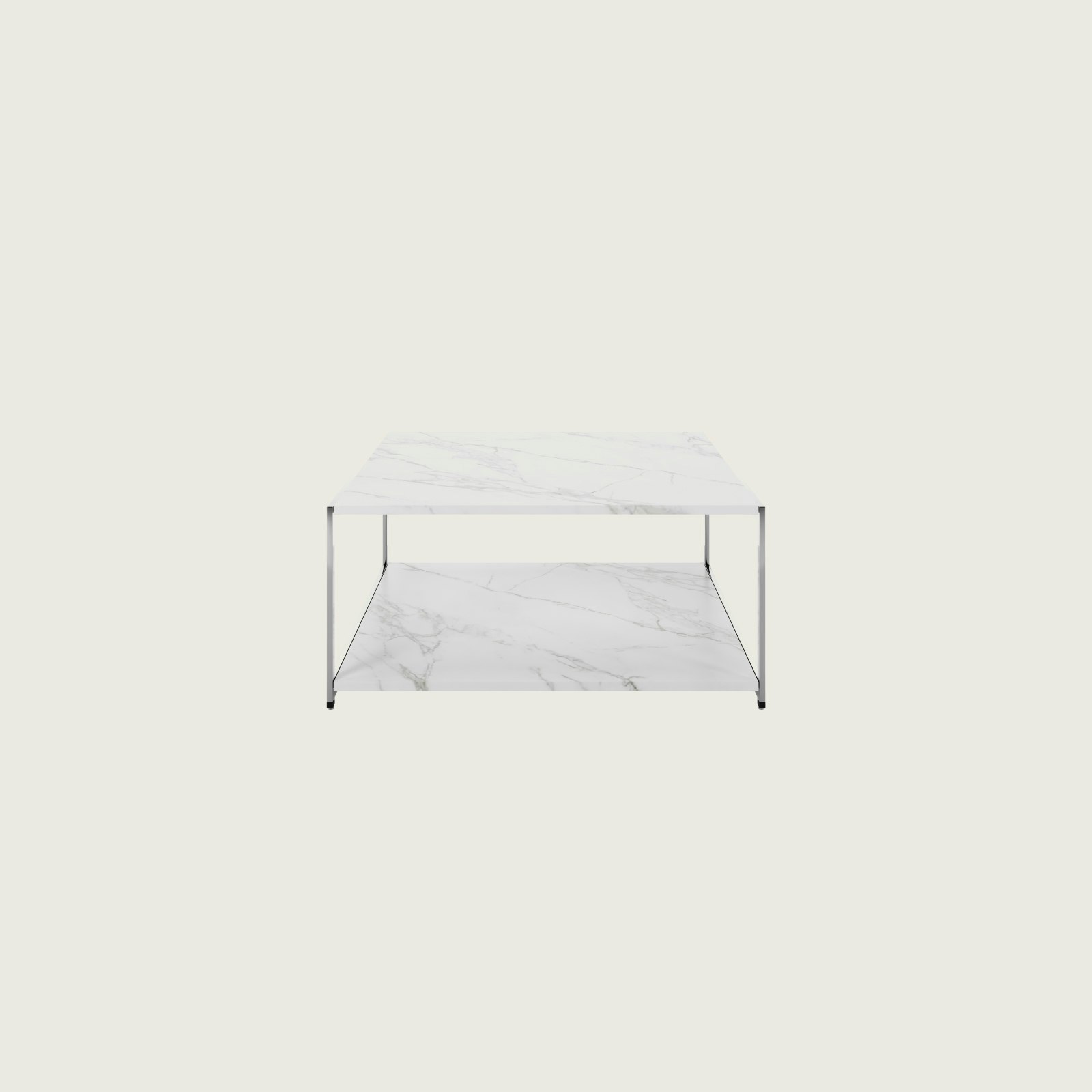 H Frame Coffee Table in carrara marble with a chrome frame and base viewed from the front.