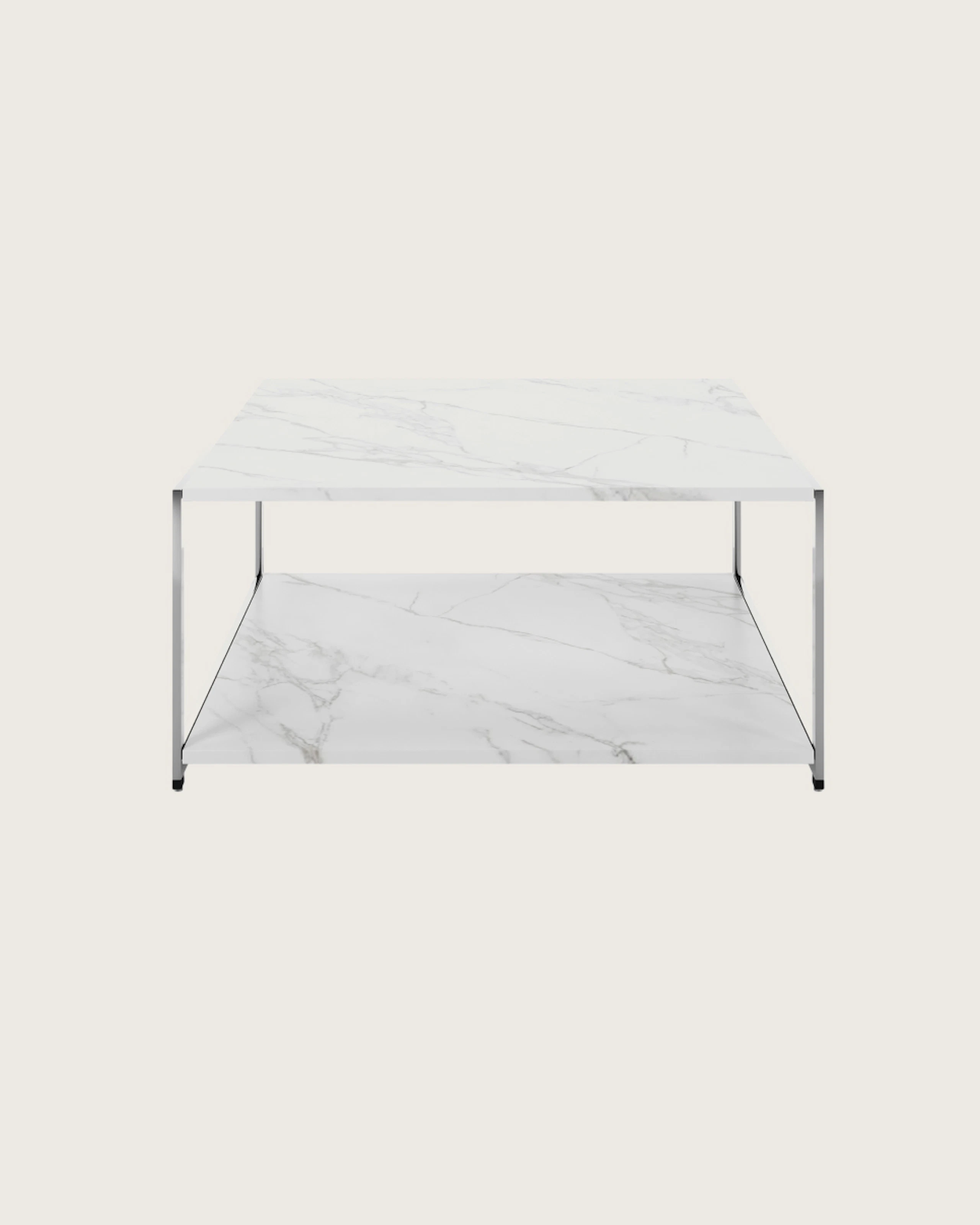 H Frame Coffee Table in carrara marble with a chrome frame and base viewed from the front.